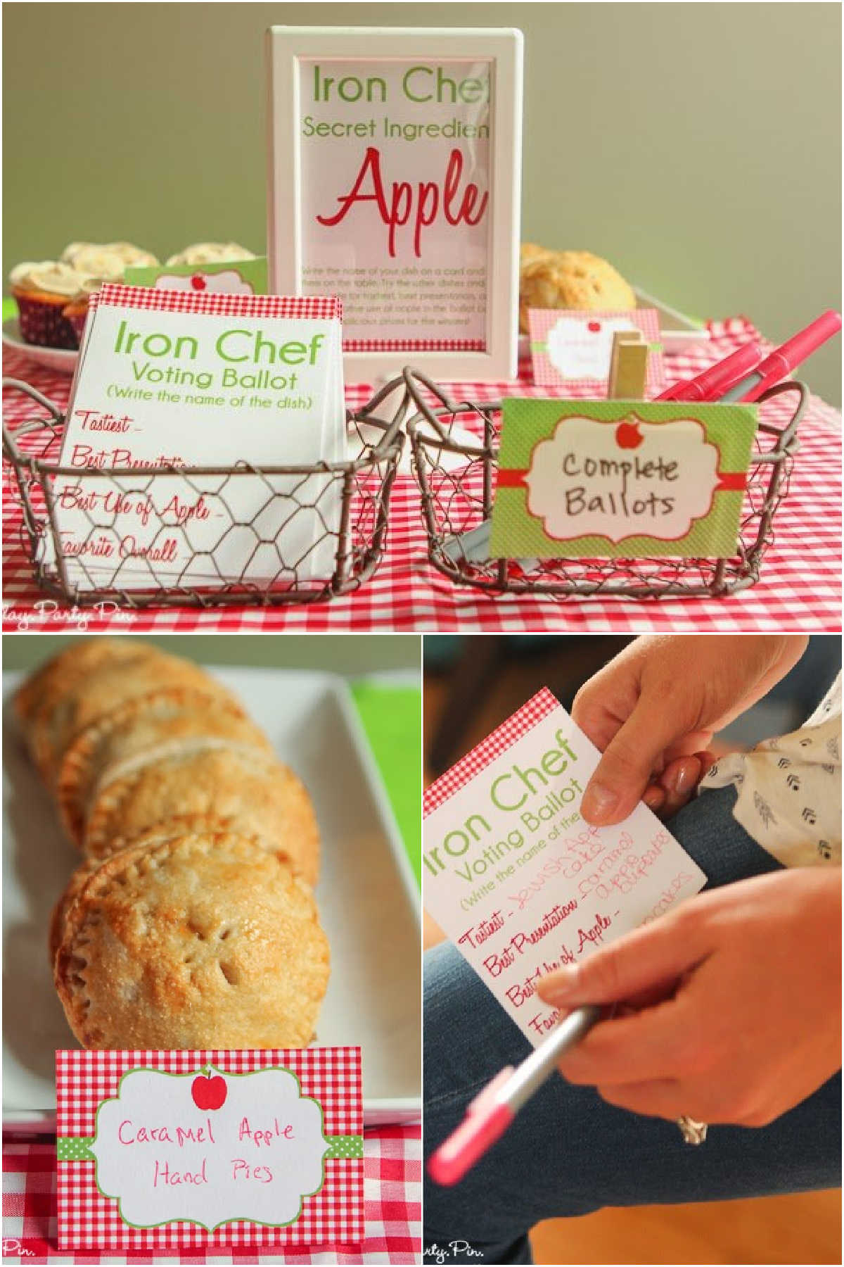 three images showing an iron chef competition with apple as the secret ingredient