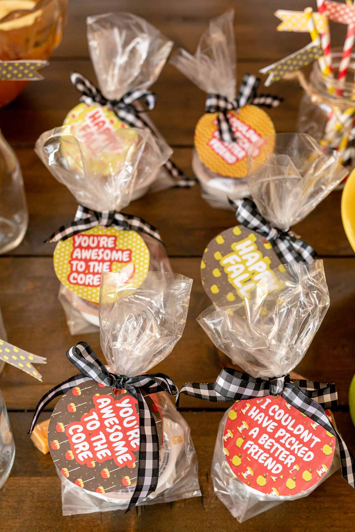 apple party favors on a wood table