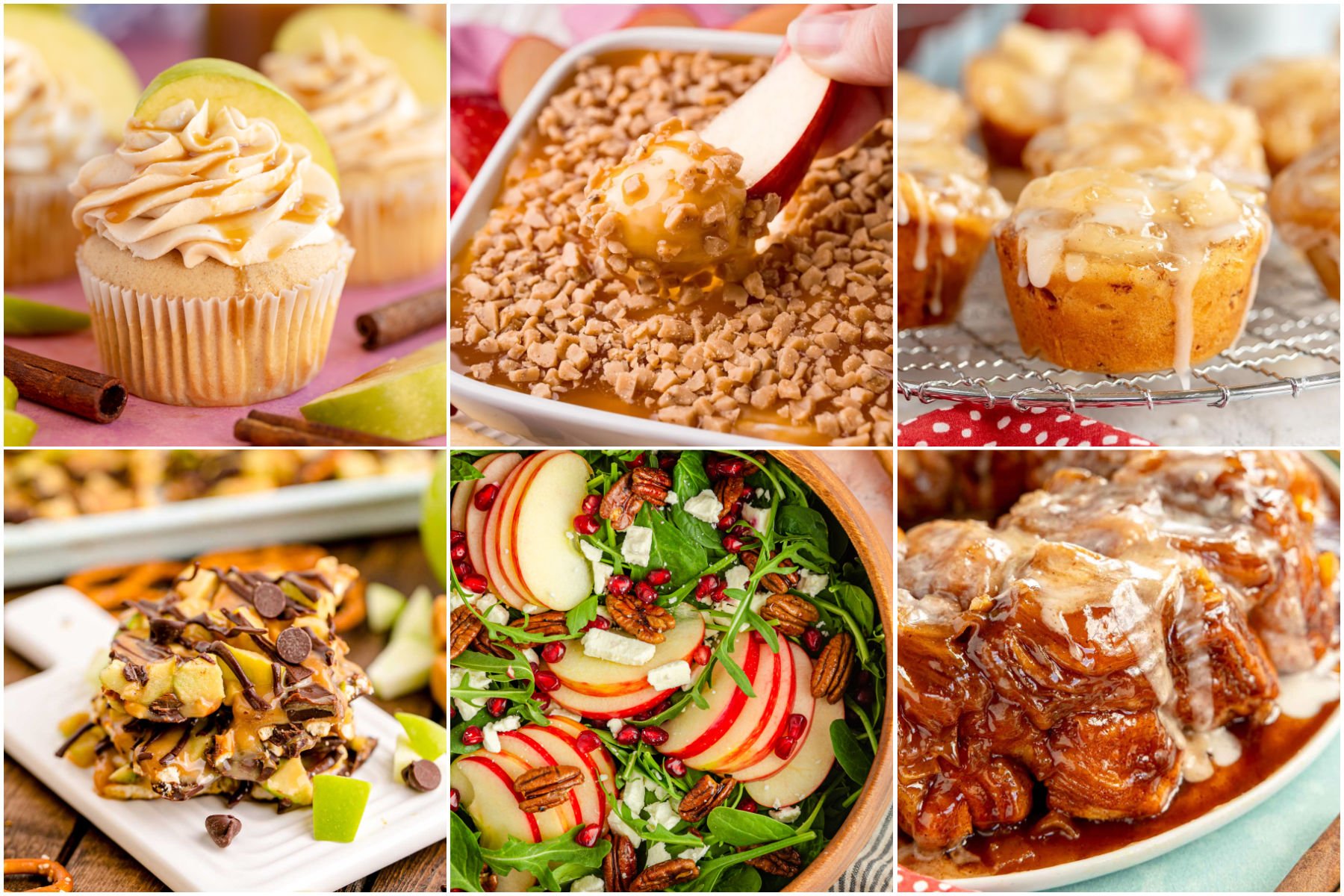 six images in a collage showing apple recipes