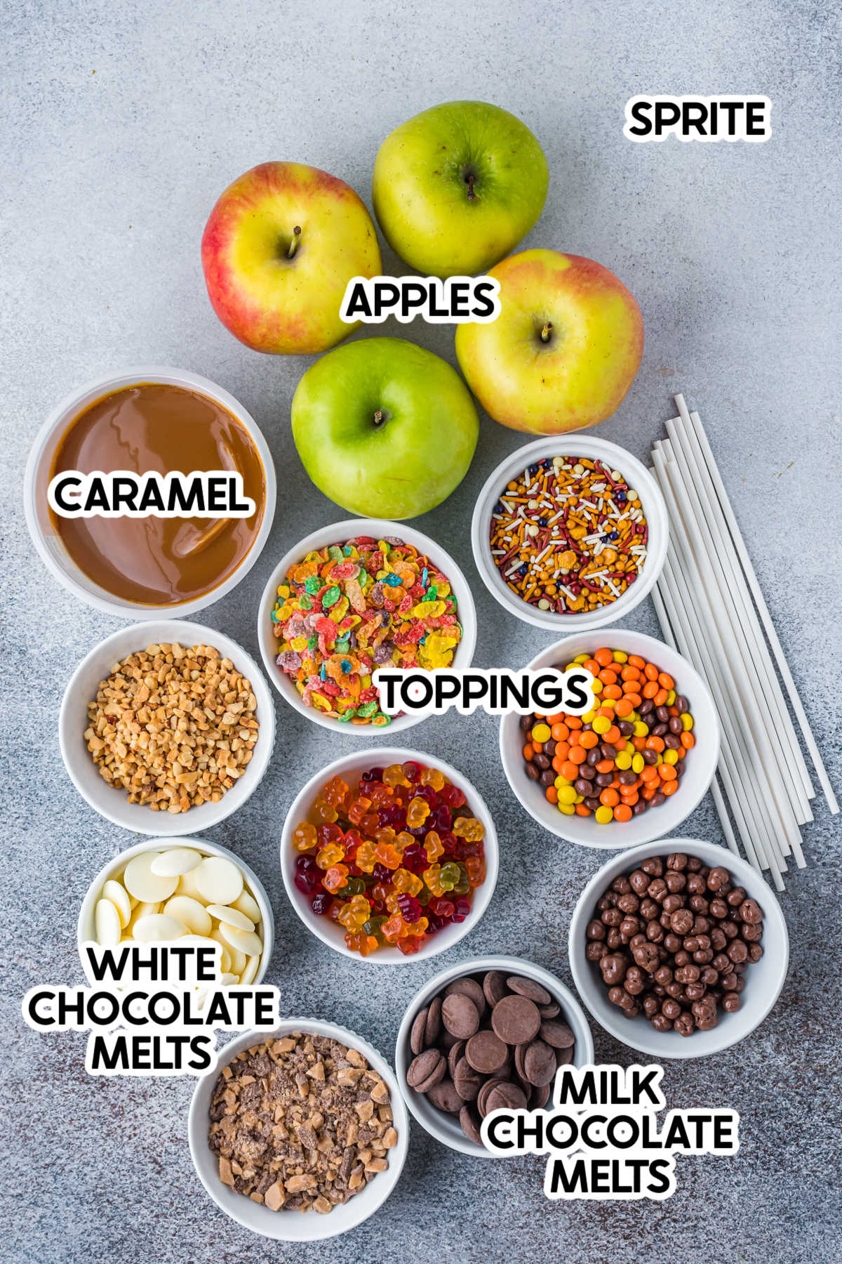 caramel apple board ingredients with labels