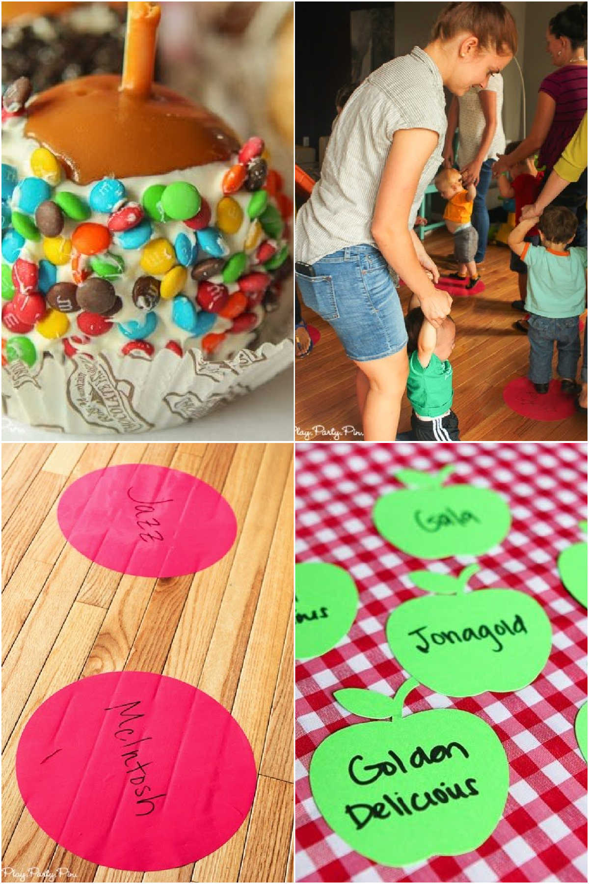 four images showing doing a caramel apple walk at an apple party