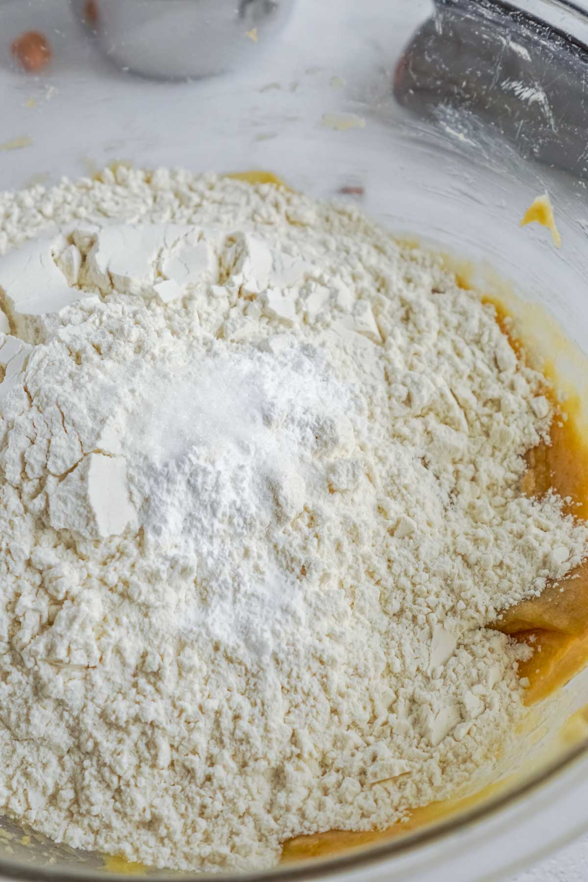 flour in a bowl of cookie dough