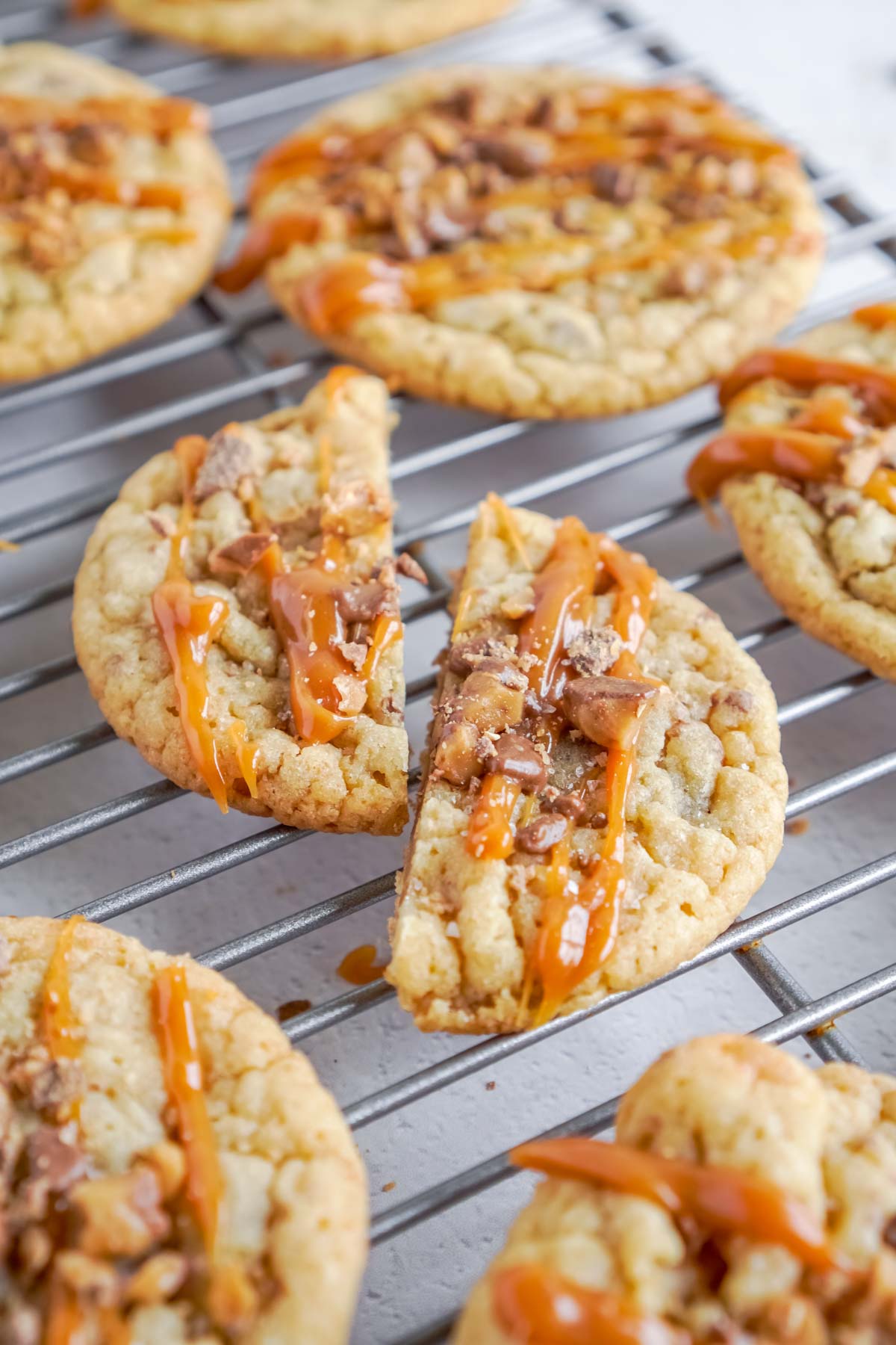 Caramel toffee cookies cut in half