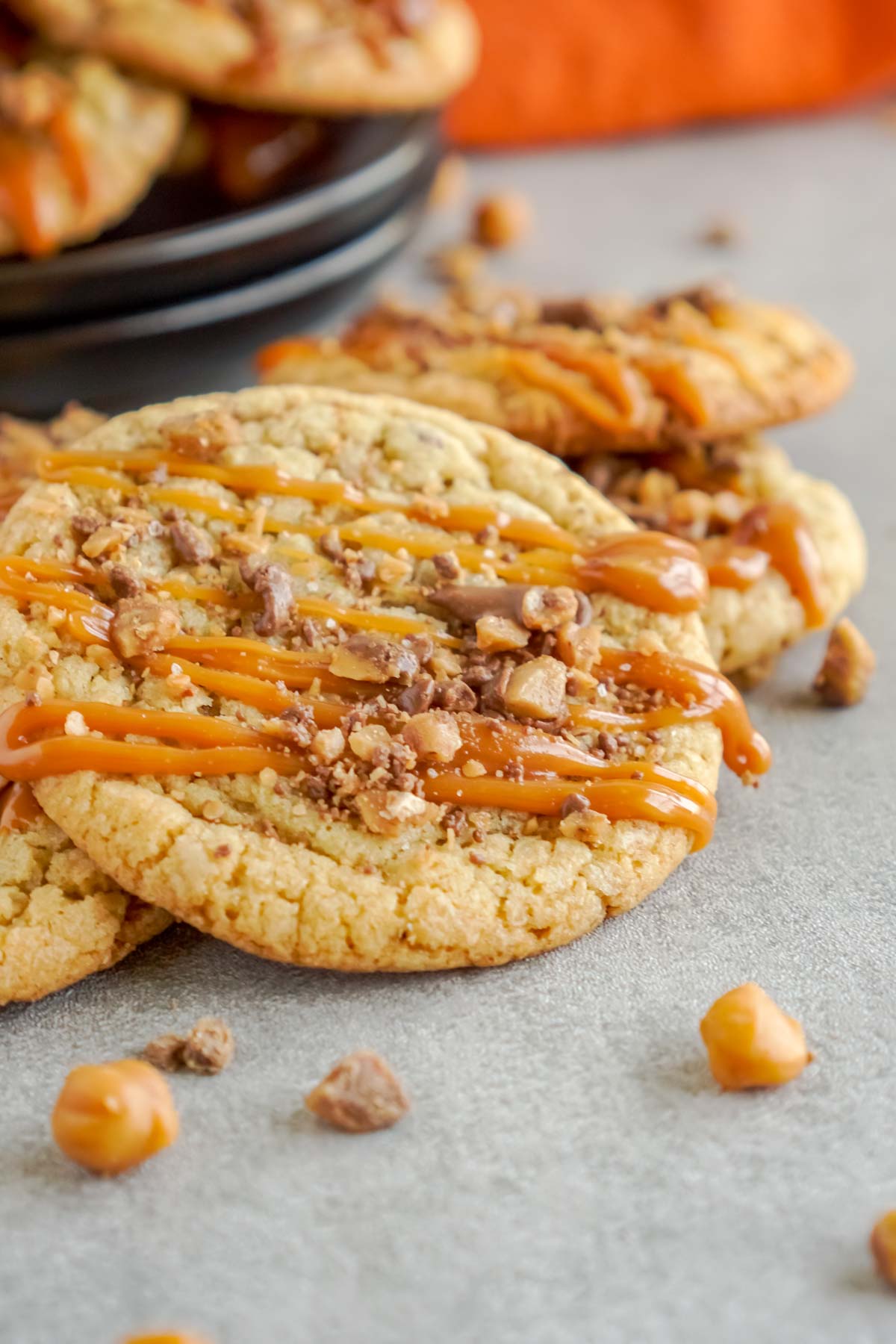 caramel toffee cookies drizzled with salt