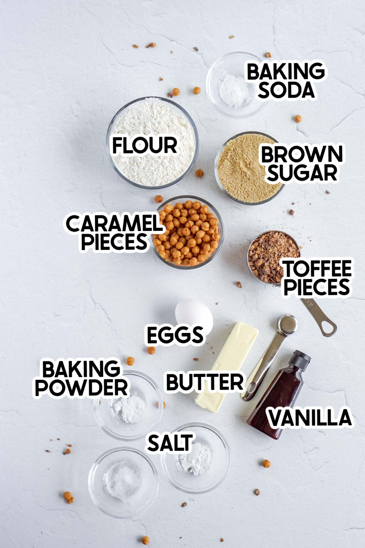 ingredients for caramel toffee cookies with labels