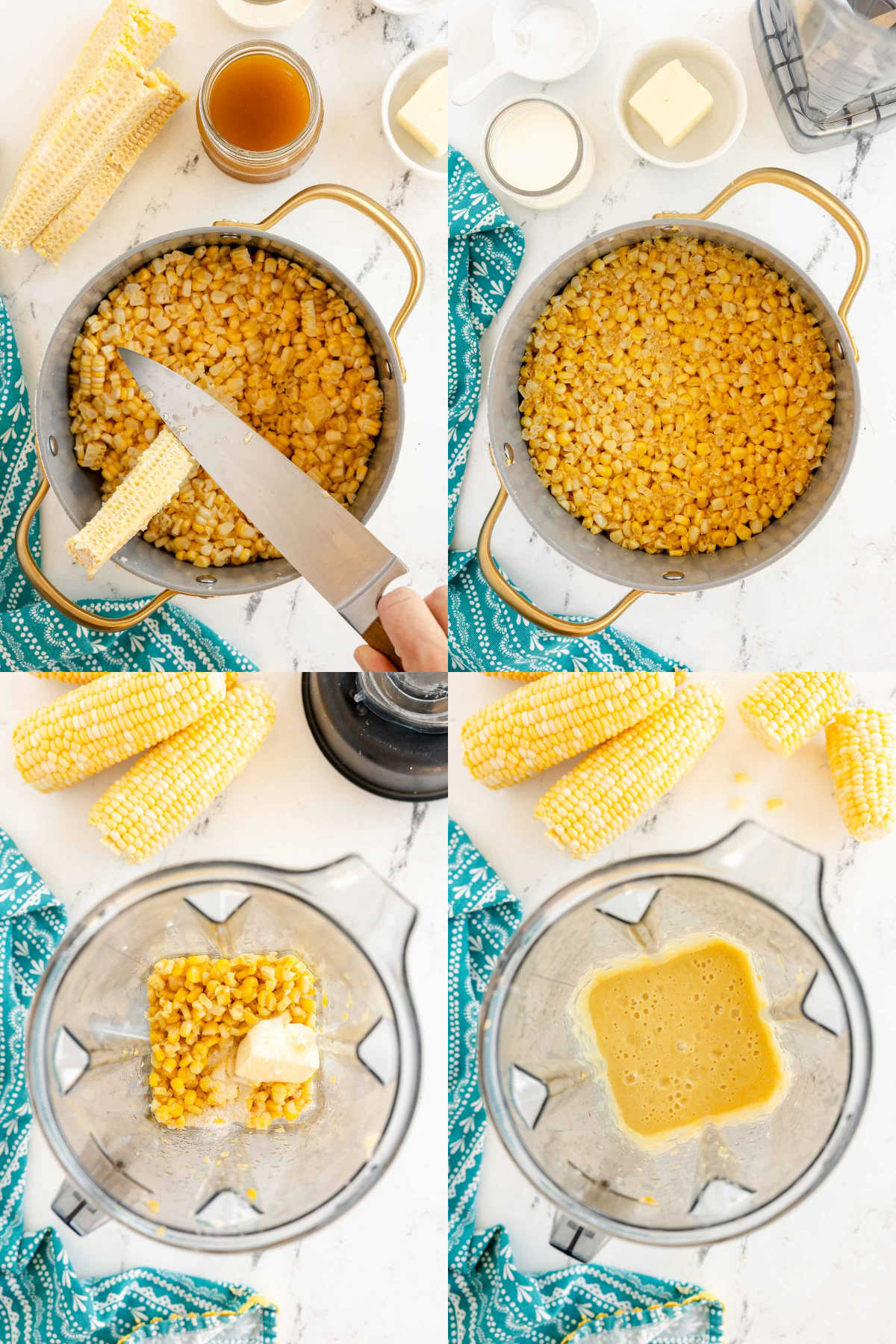 four images showing making a corn puree