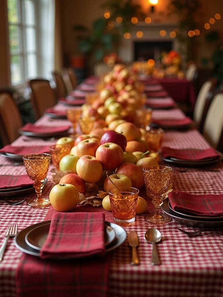 apples in piles on a red tablecloth