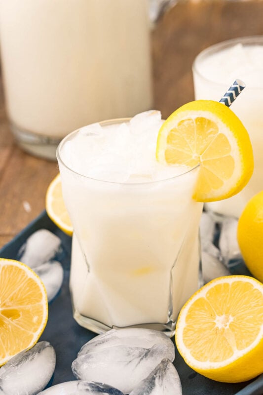 Glass of creamy lemonade with a lemon slice garnish