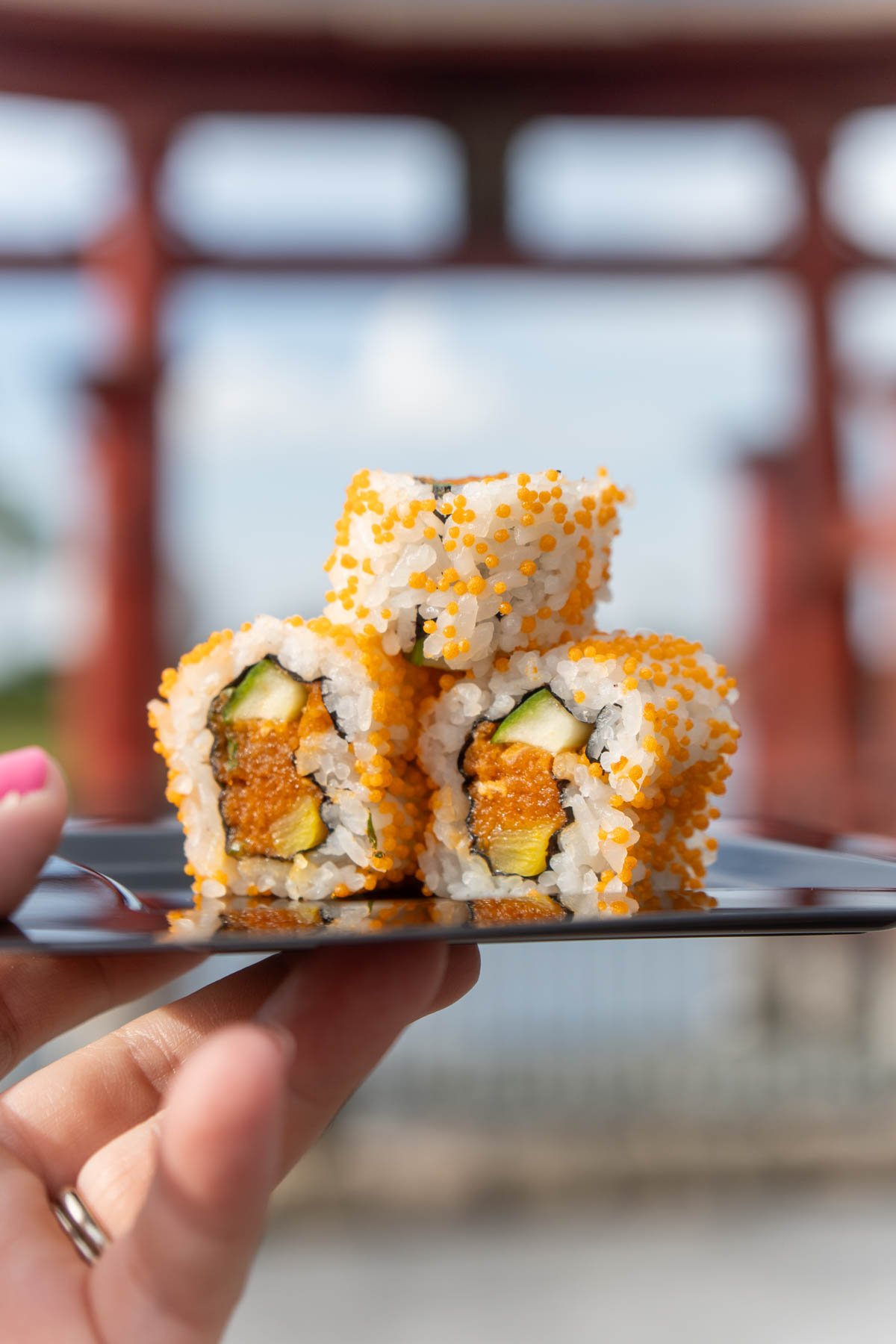 hand holding a black plate with three pieces of sushi