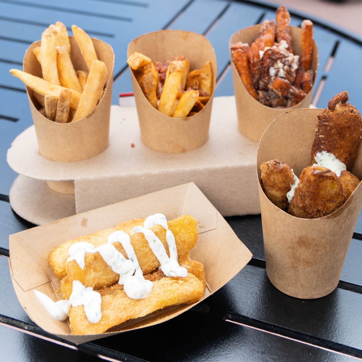 five types of fries on a table