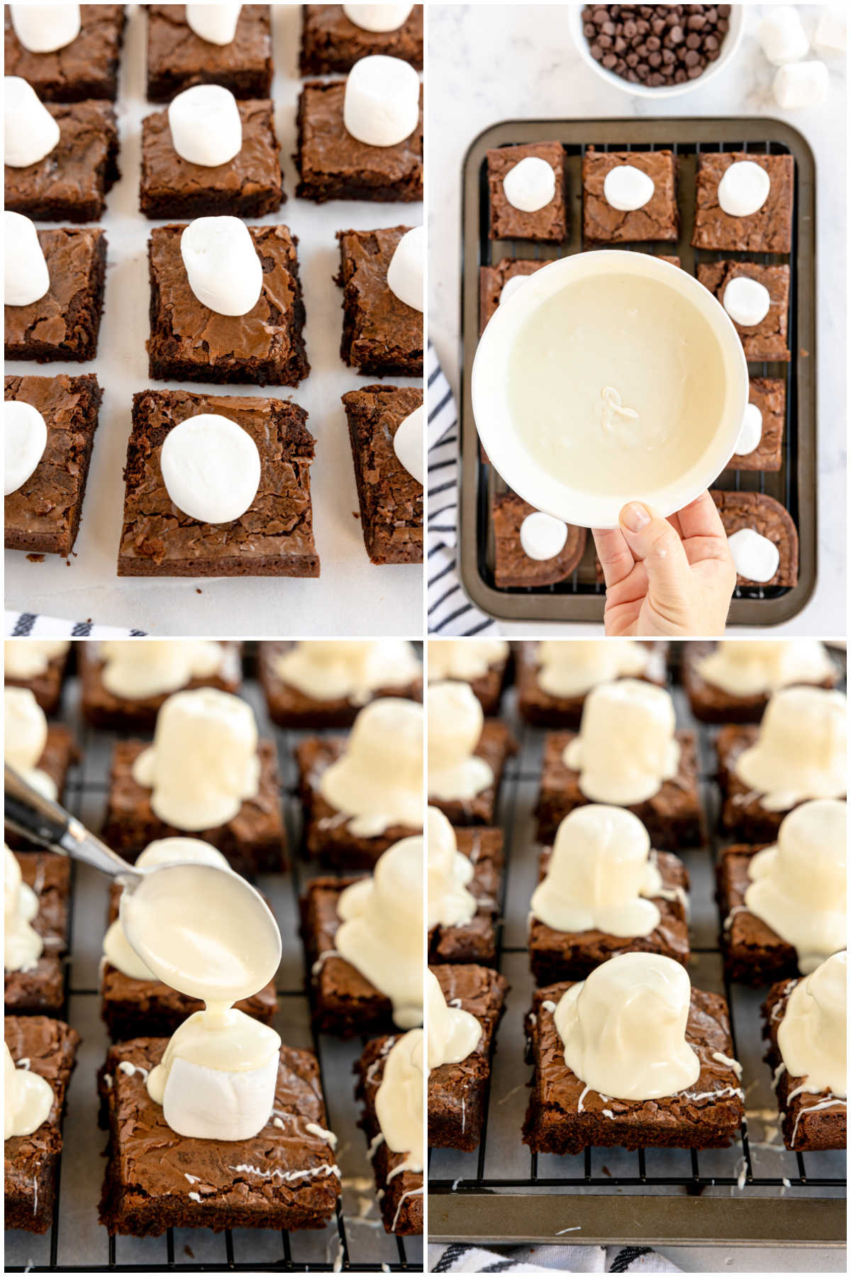 four image collage showing adding marshmallow ghosts to brownies