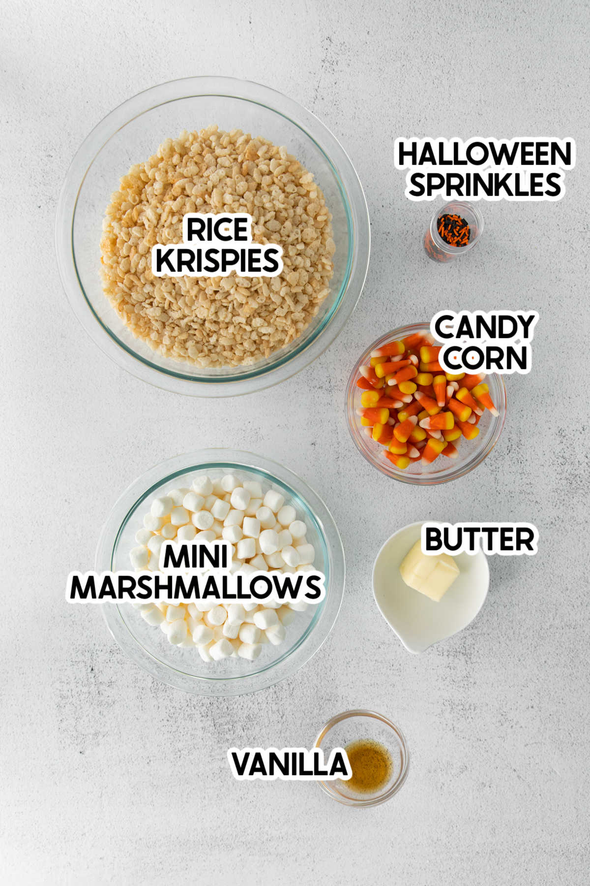 Halloween rice krispies treats ingredients with labels