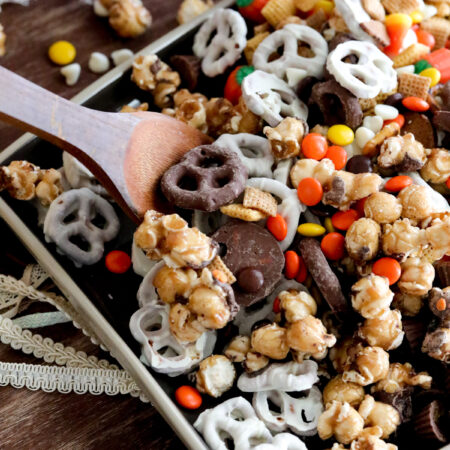 spoon in a Halloween snack mix