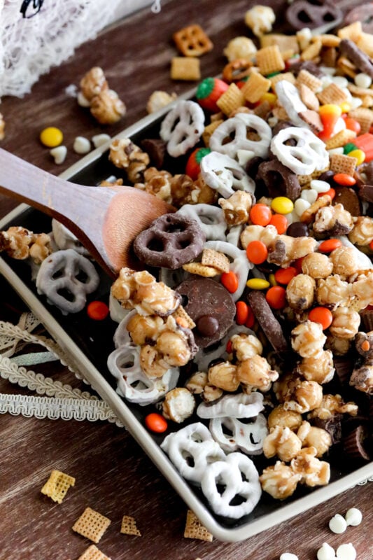 spoon in a Halloween snack mix