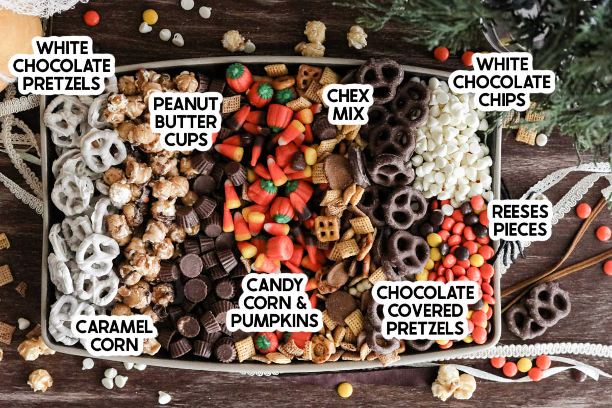 Halloween snack mix ingredients with labels