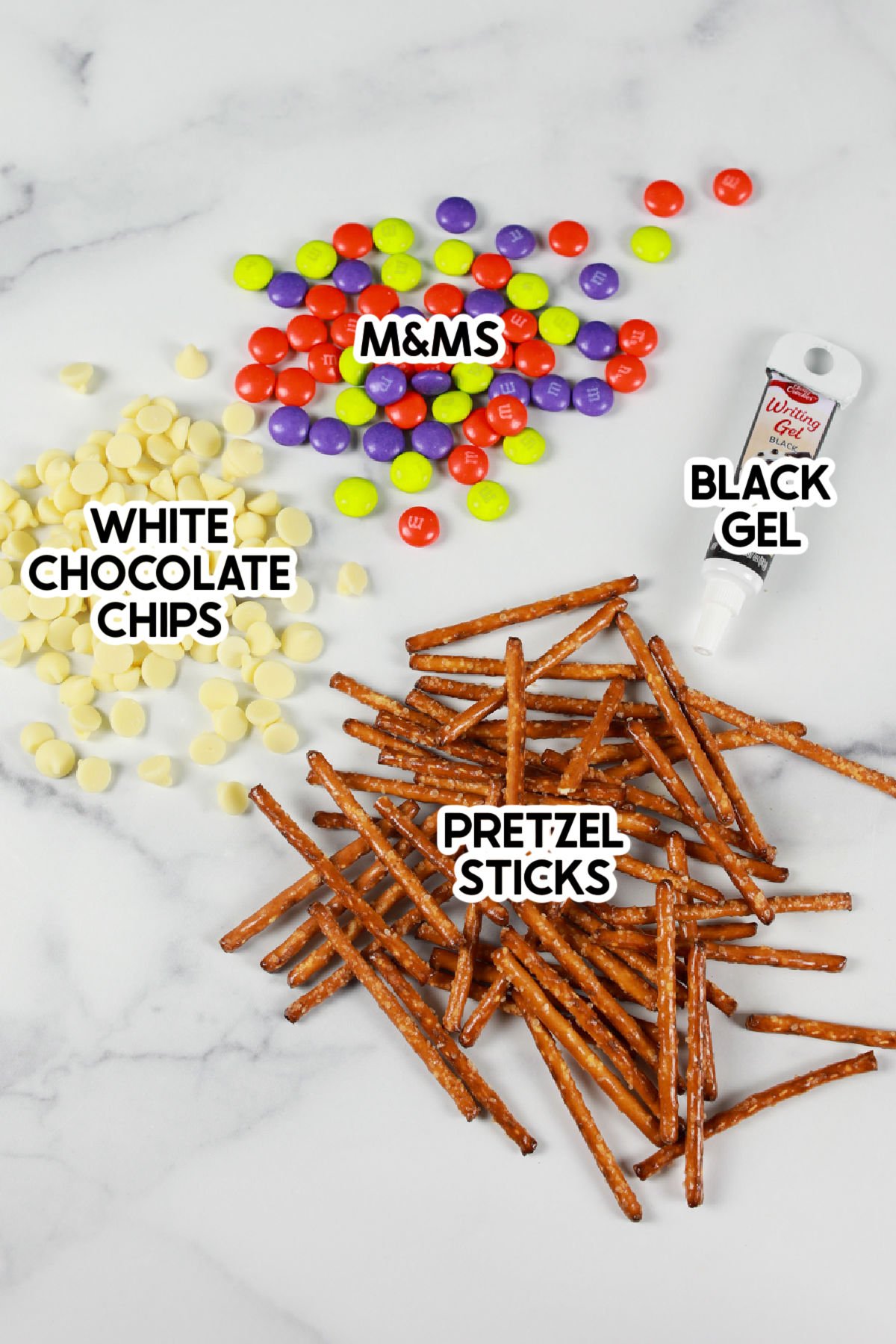 ingredients for pretzel spider webs with labels