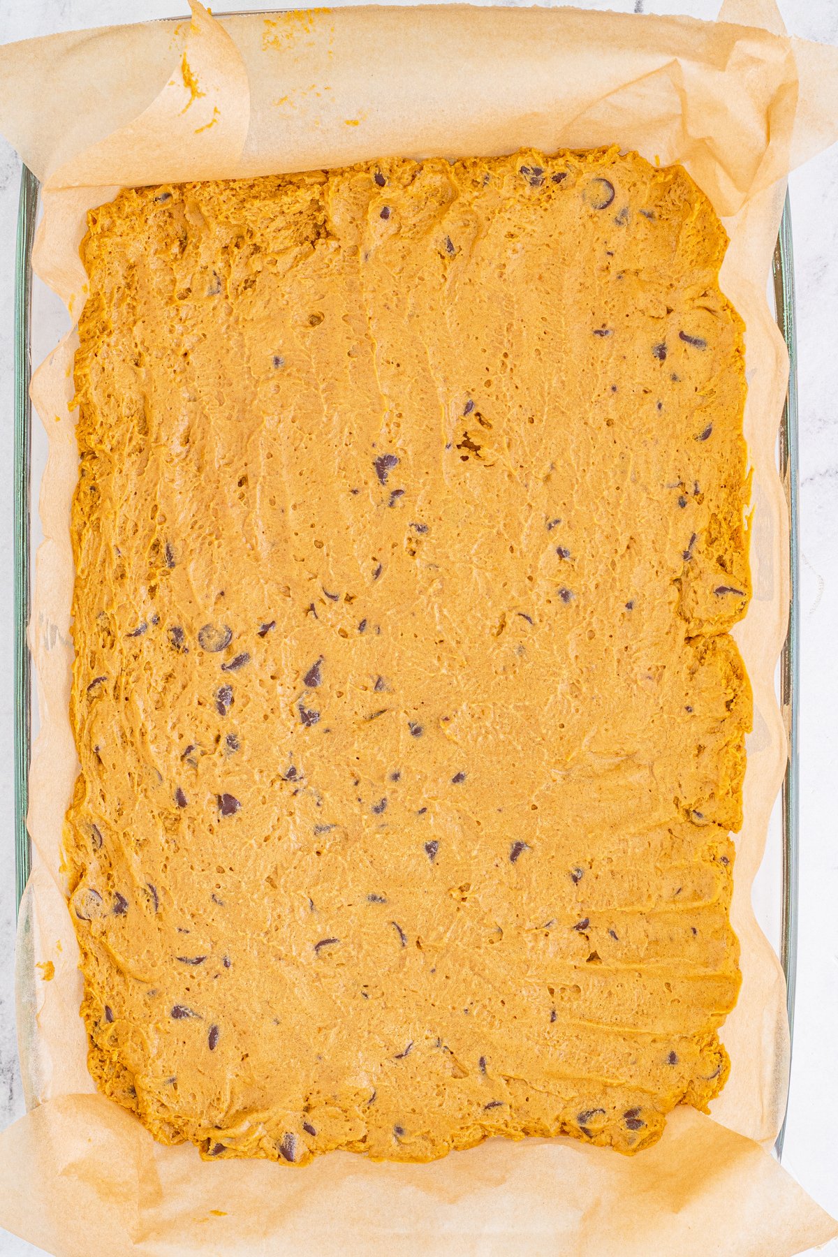 baking pan with batter for pumpkin blondies