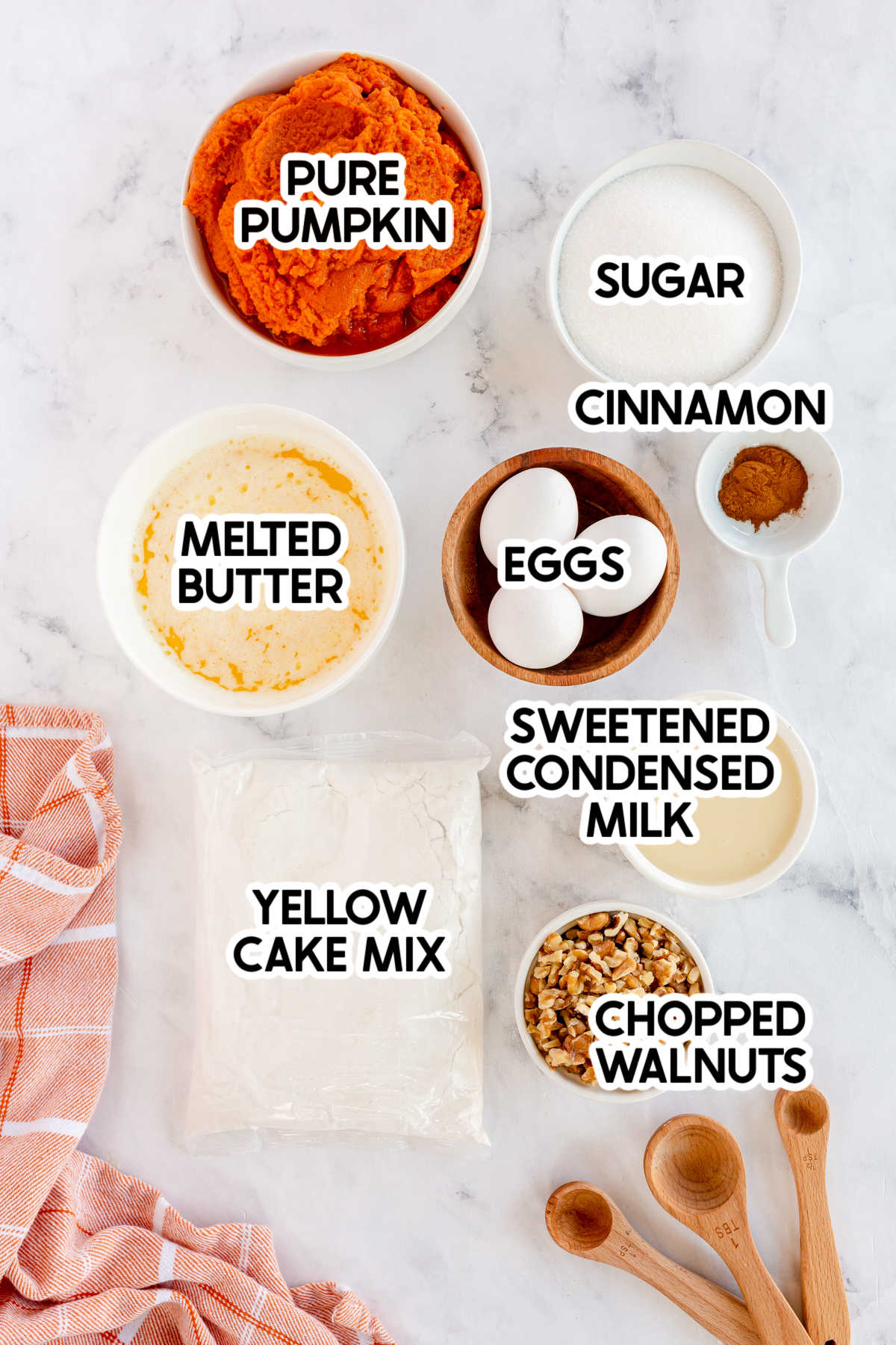 ingredients for pumpkin crunch cake with labels