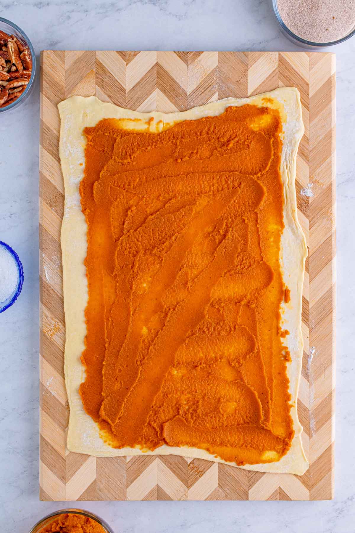 pumpkin puree on top of puff pastry