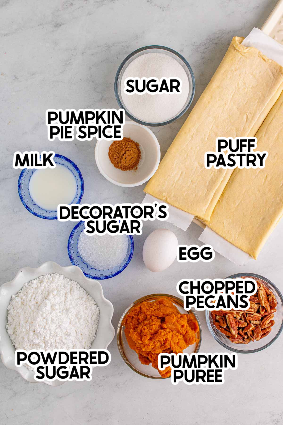 ingredients for pumpkin pull apart bread with labels