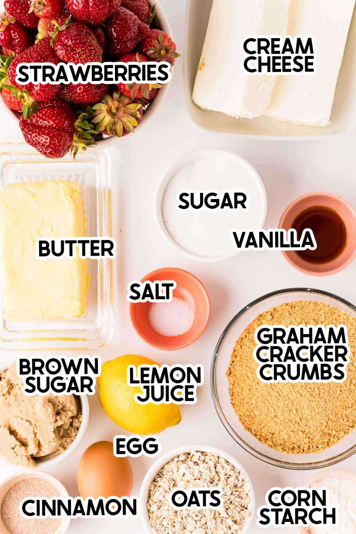 ingredients for strawberry cheesecake bars with labels