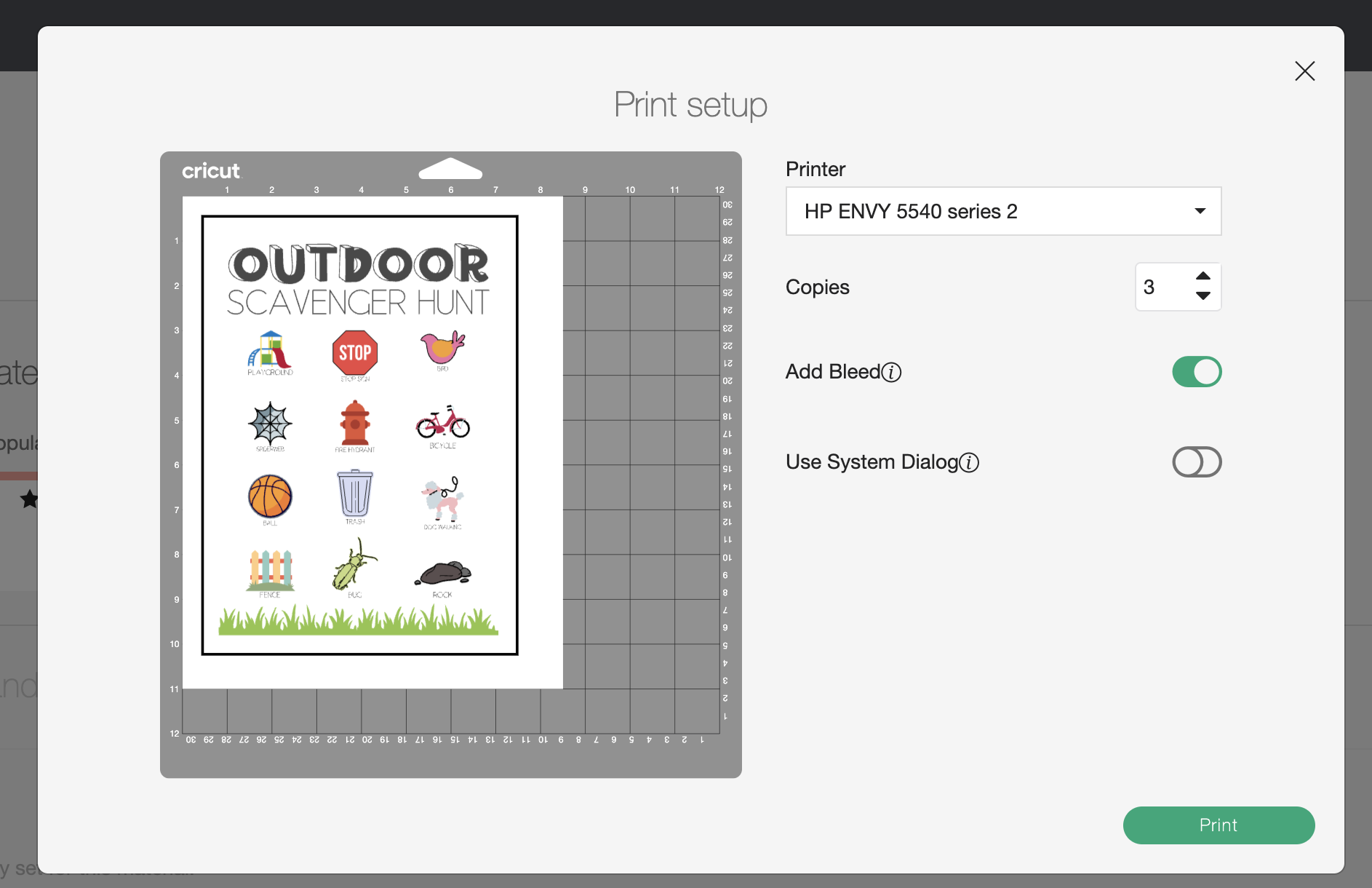 screenshot of the print screen in Cricut Design Space