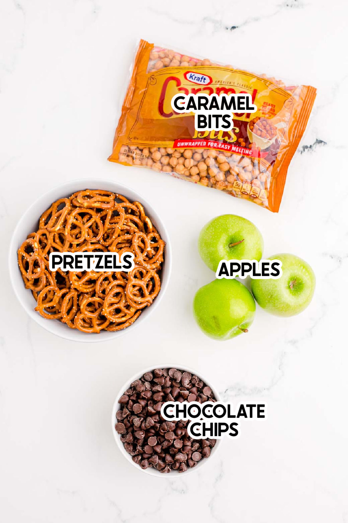 ingredients in caramel apple bark with labels