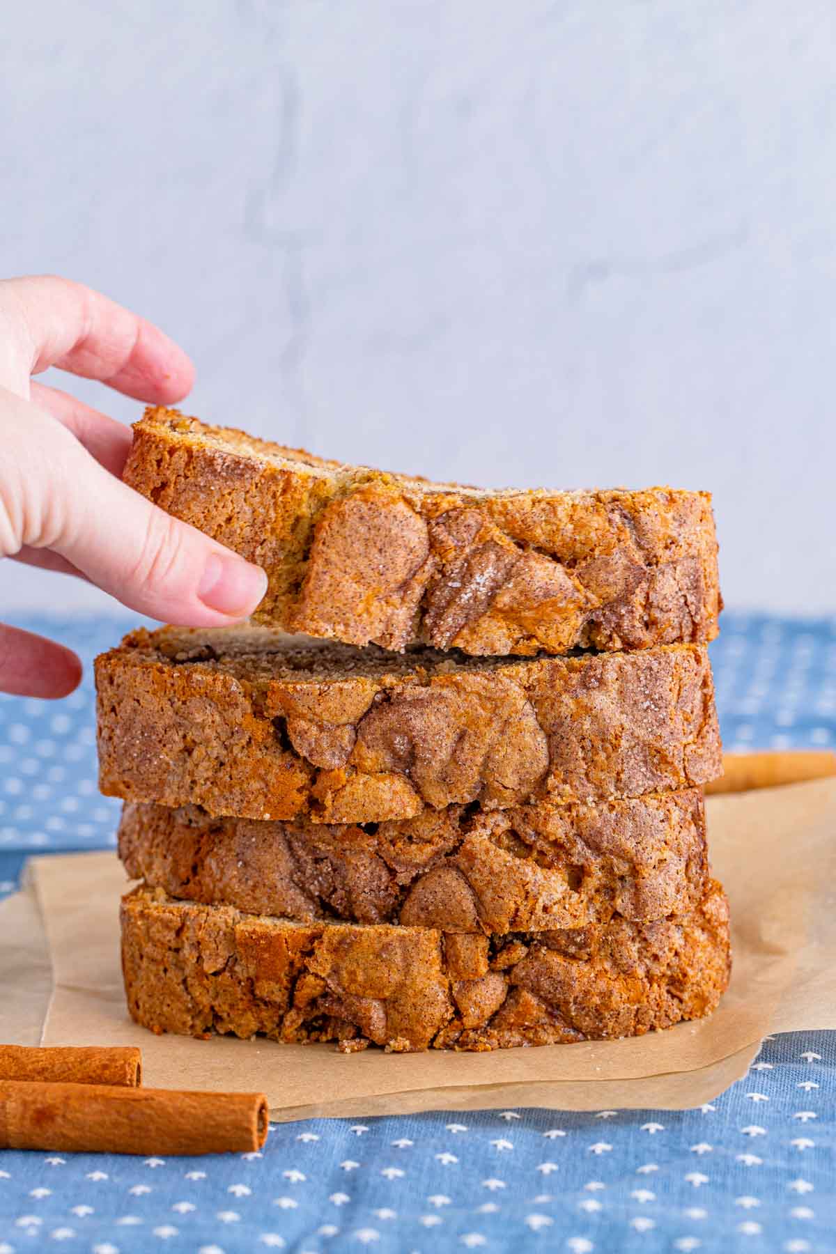 stack of slices of cinnamon swirl bread