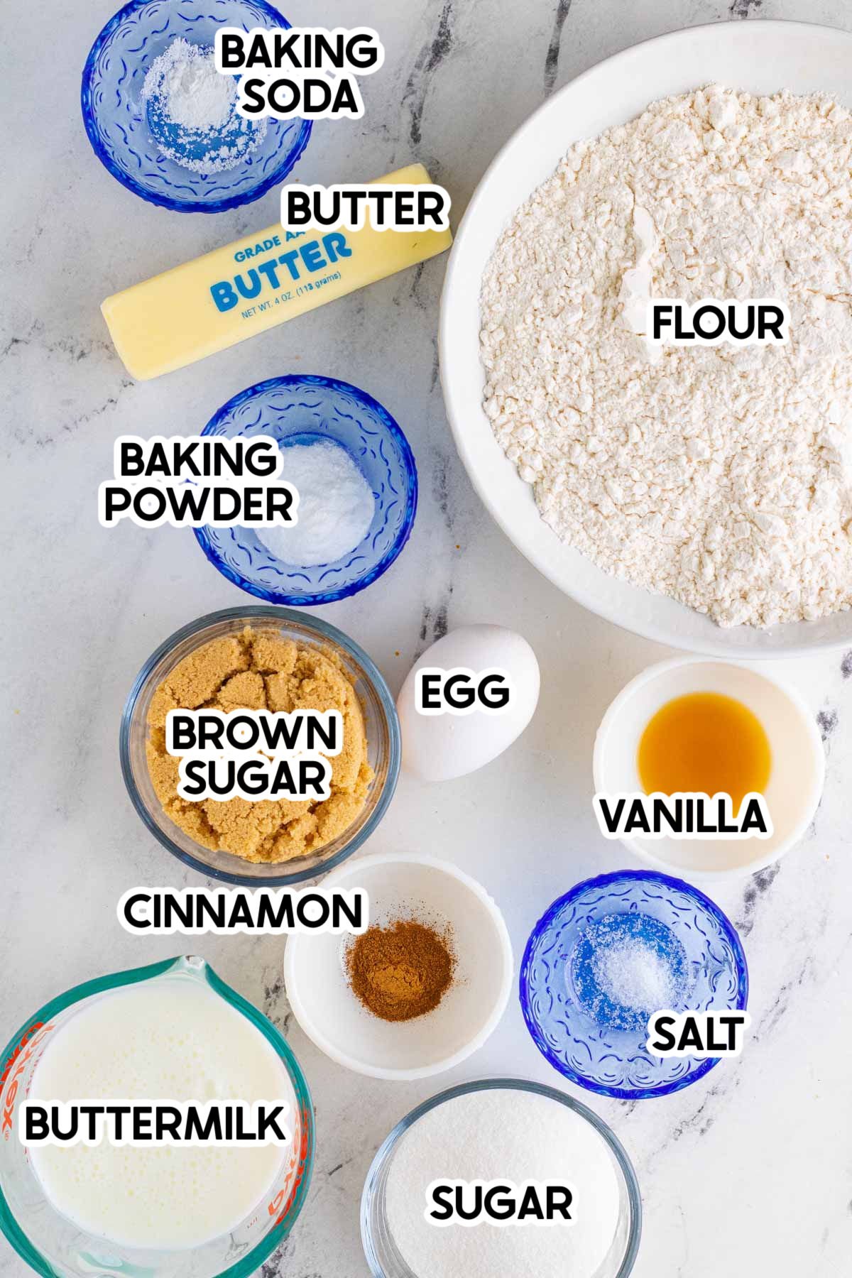 ingredients for cinnamon swirl bread with labels