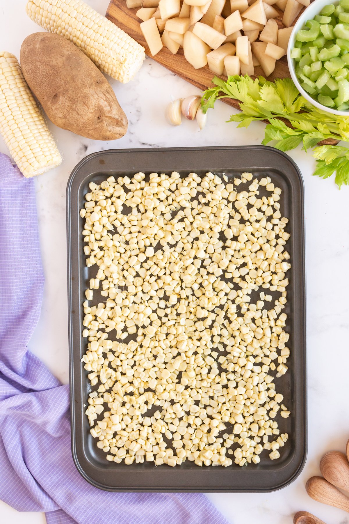 corn kernels on a sheet pan