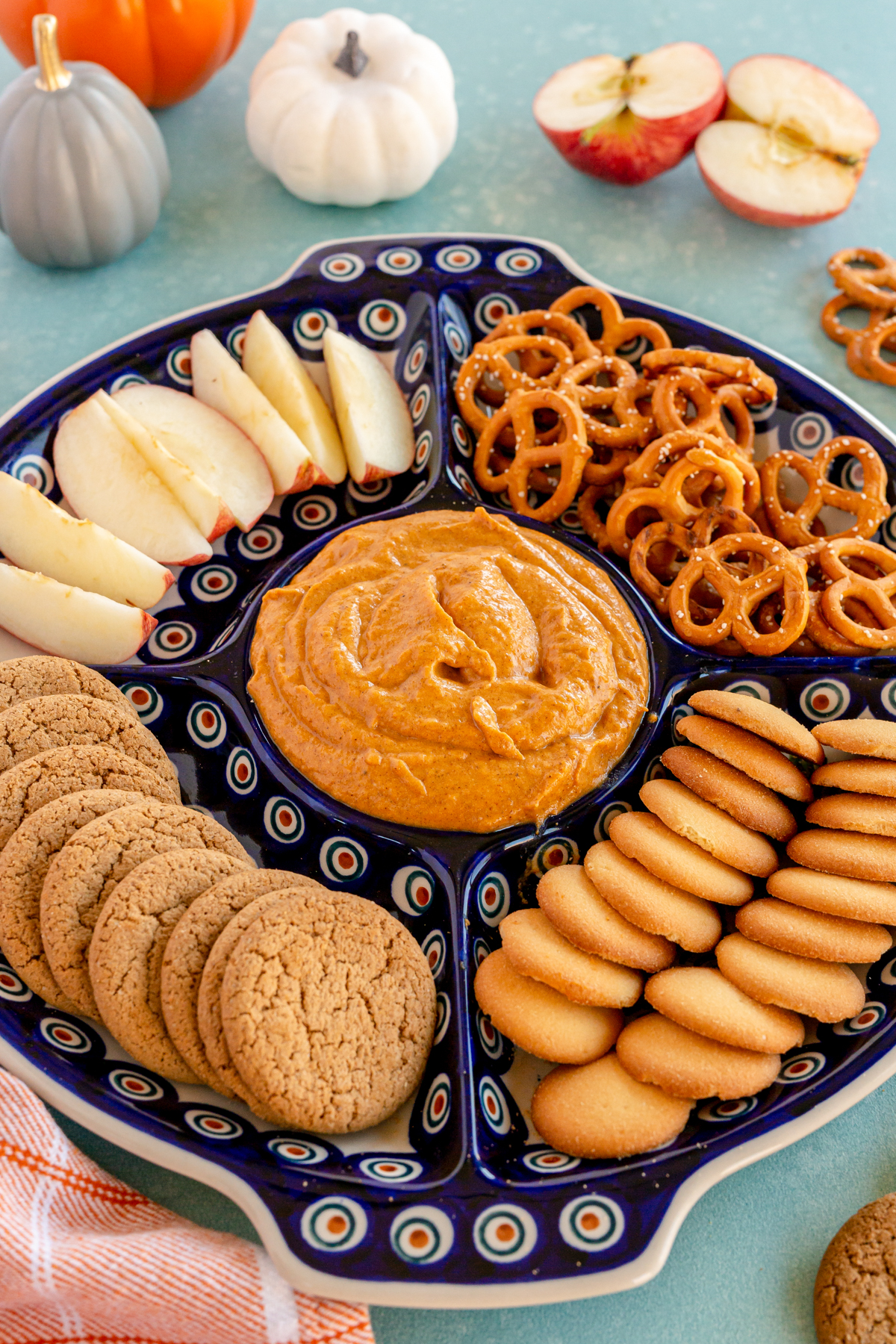 Chip and dip platter with pumpkin dip and dippers