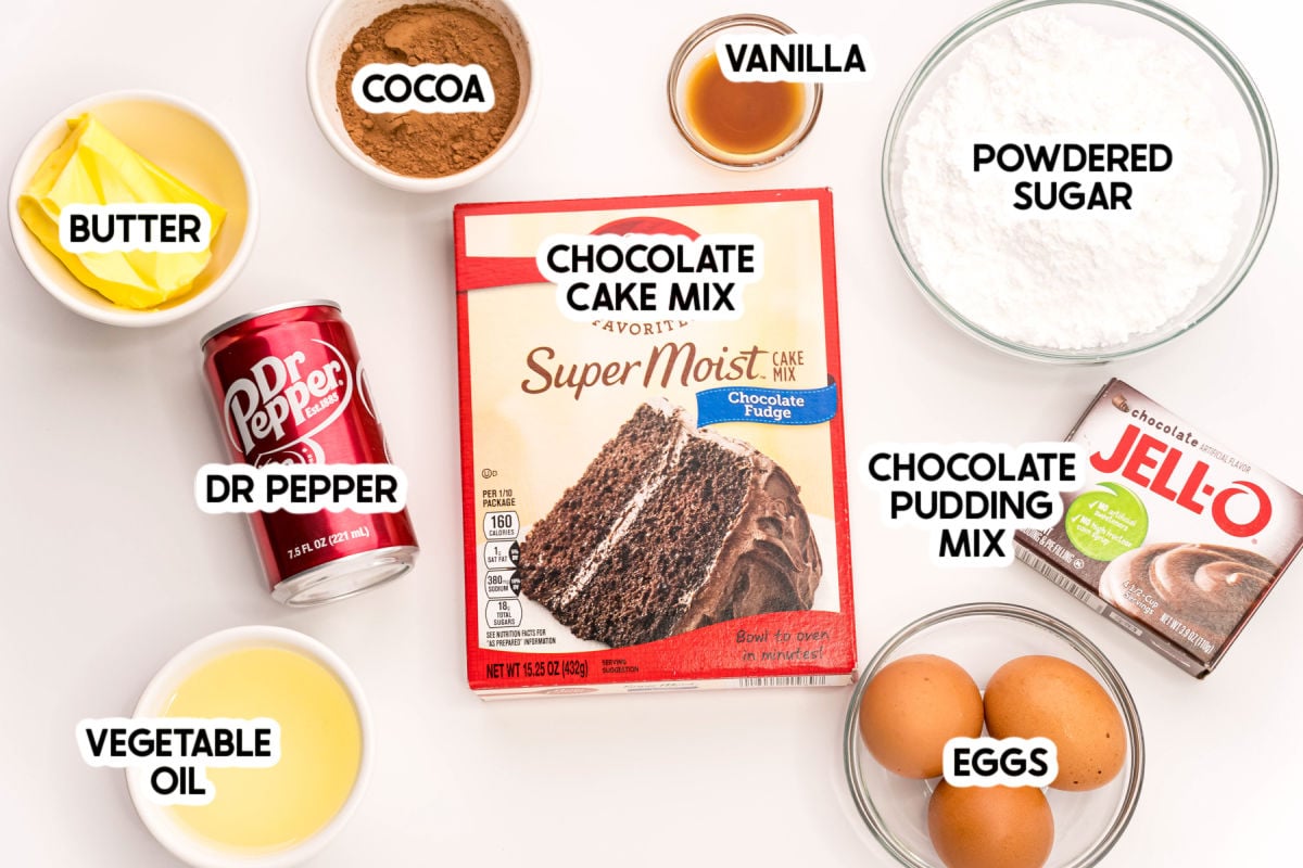ingredients for dr pepper cake with labels