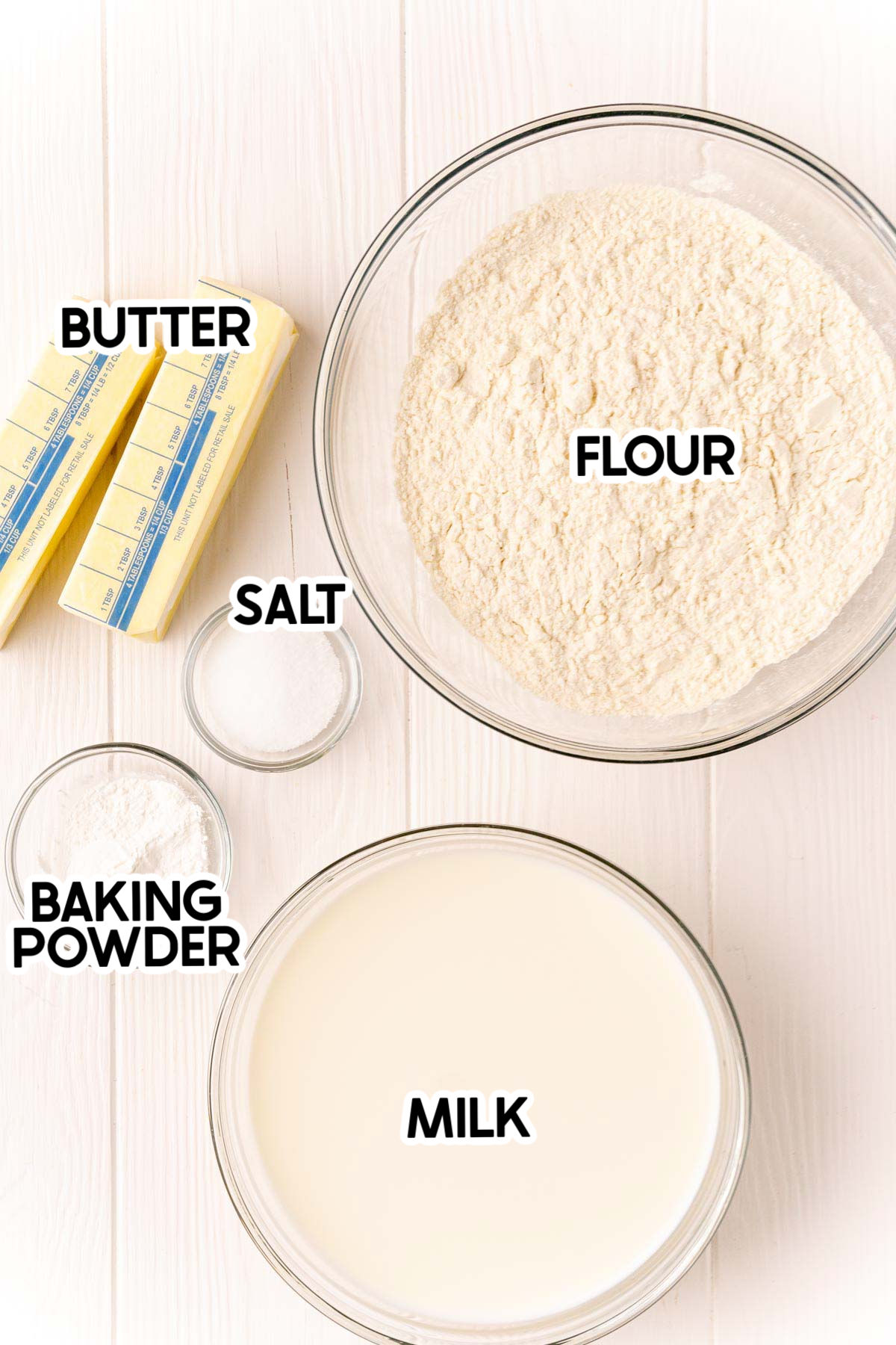 ingredients for easy drop biscuits with labels