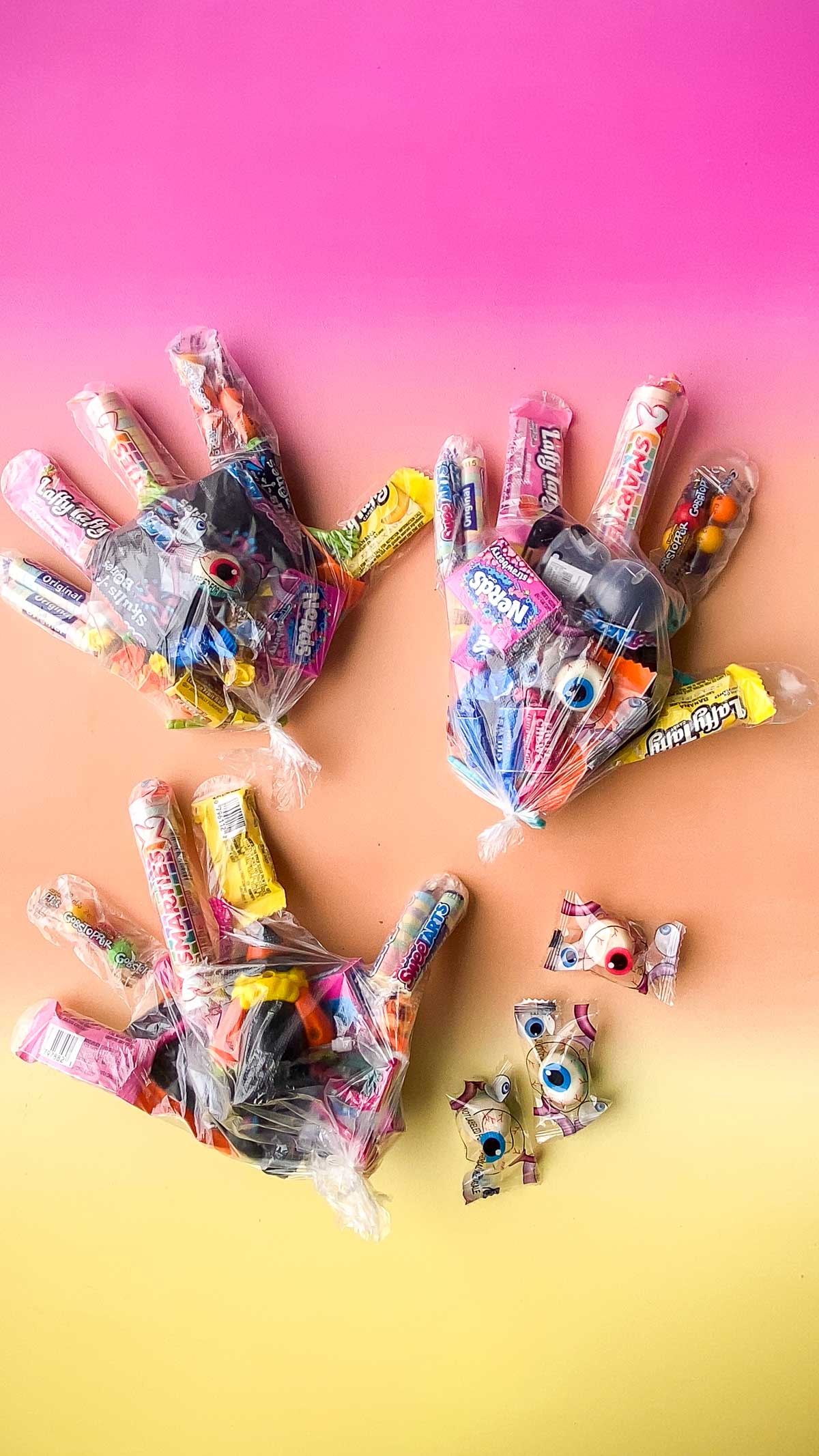 candy hands tied with clear plastic rubber bands