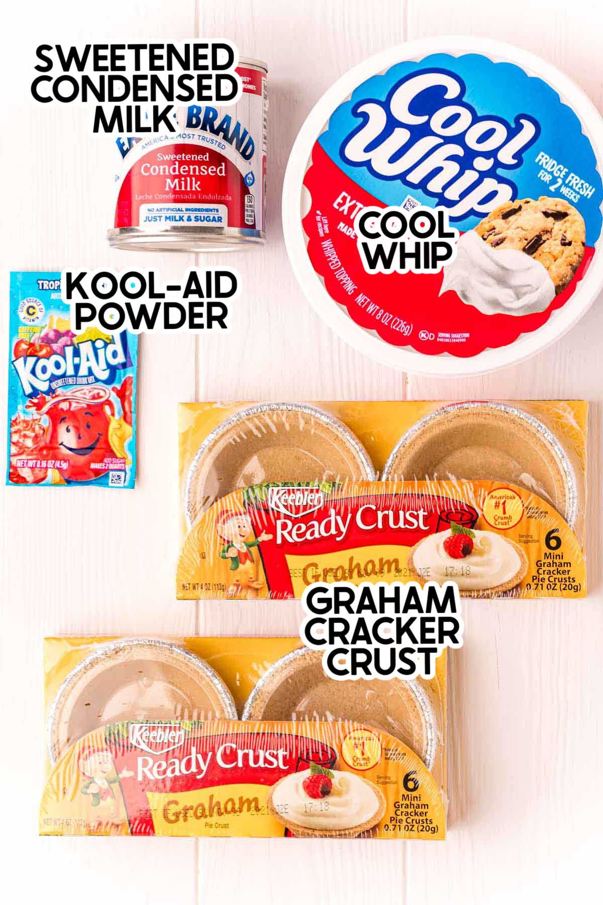 ingredients for kool-aid pie with labels