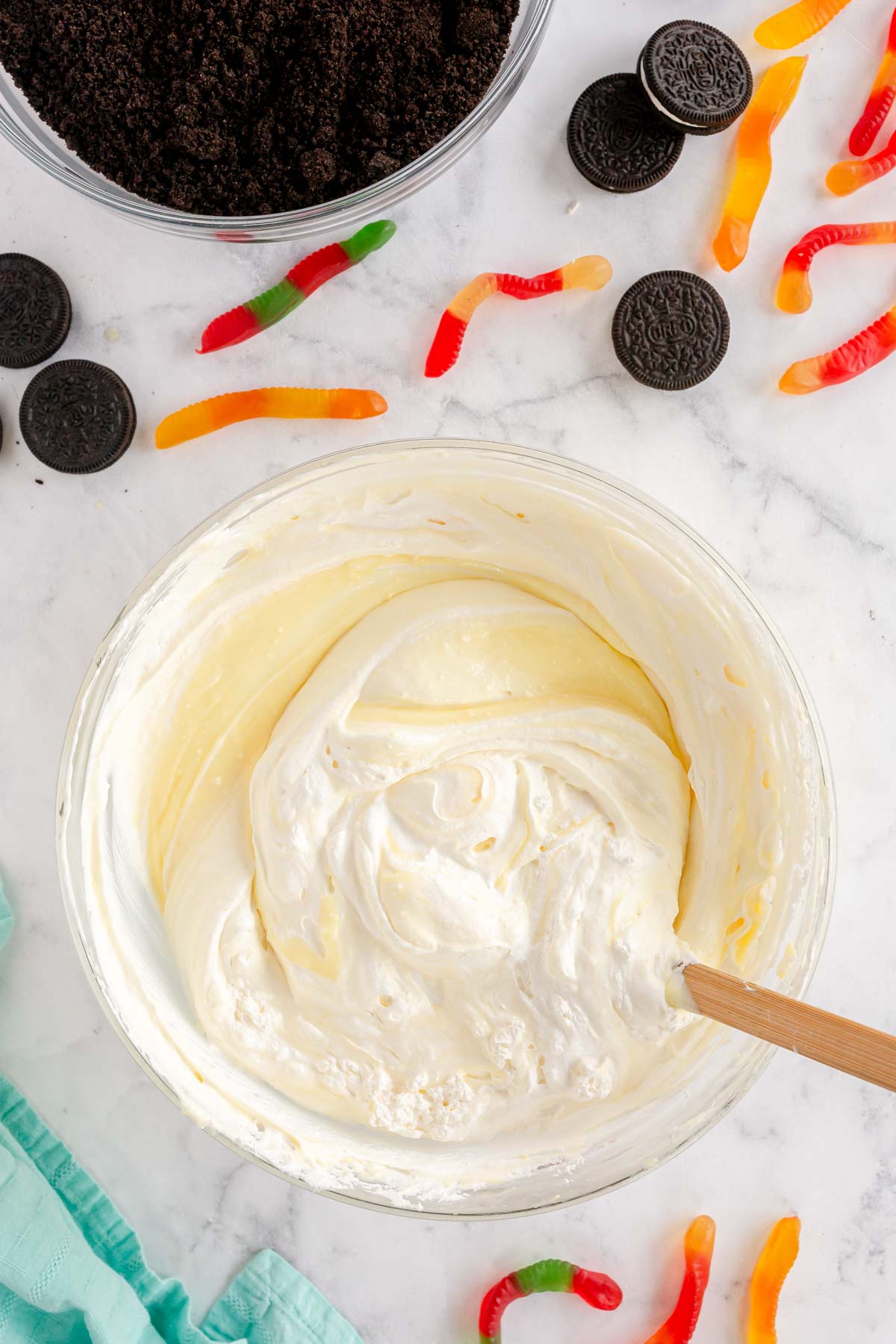 glass bowl with cream cheese mixture