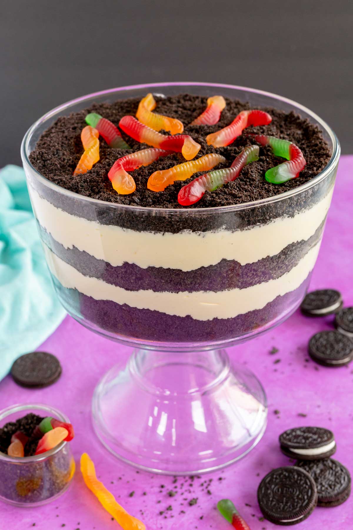Oreo dirt cake on a purple background
