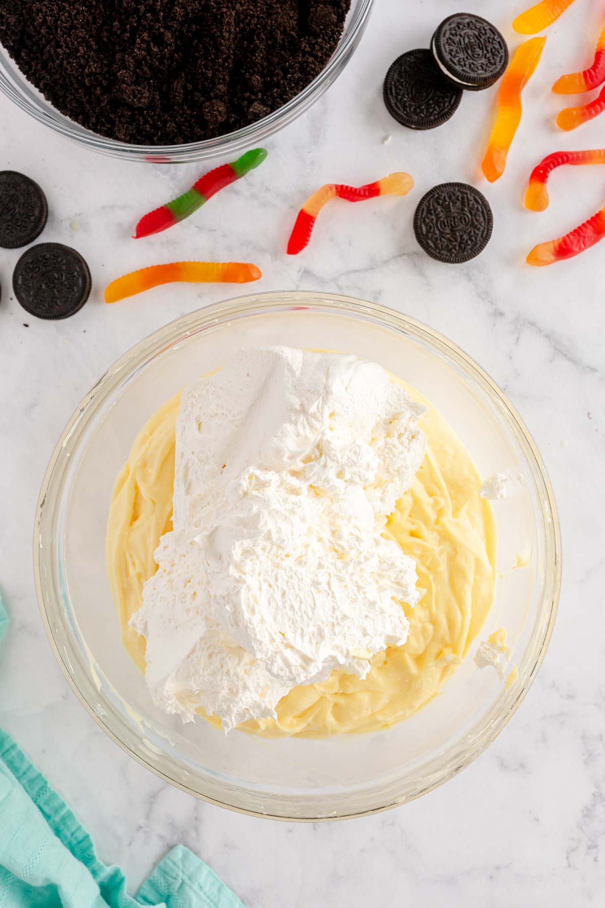 Glass bowl with cream cheese and pudding