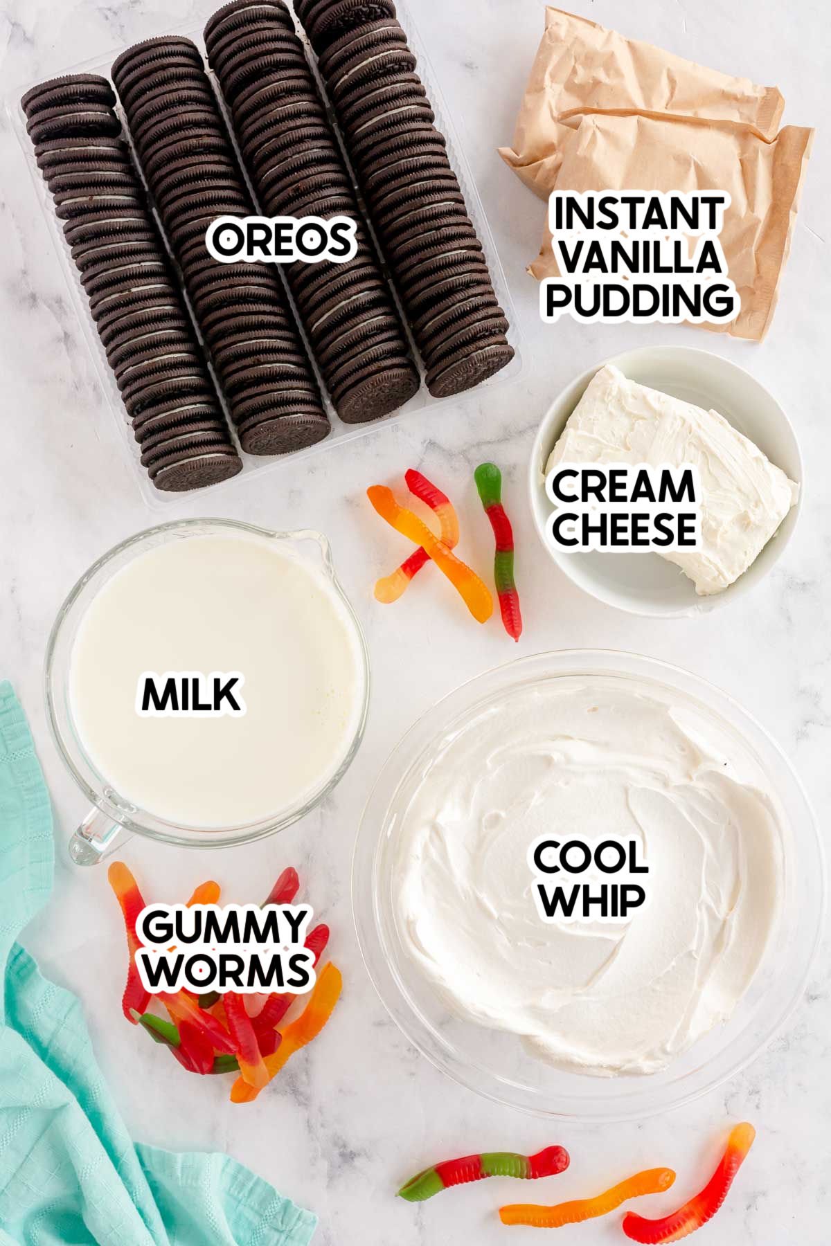 ingredients for oreo dirt cake with labels