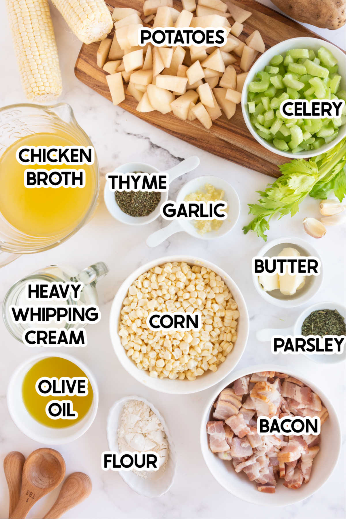 ingredients for potato and corn chowder with labels