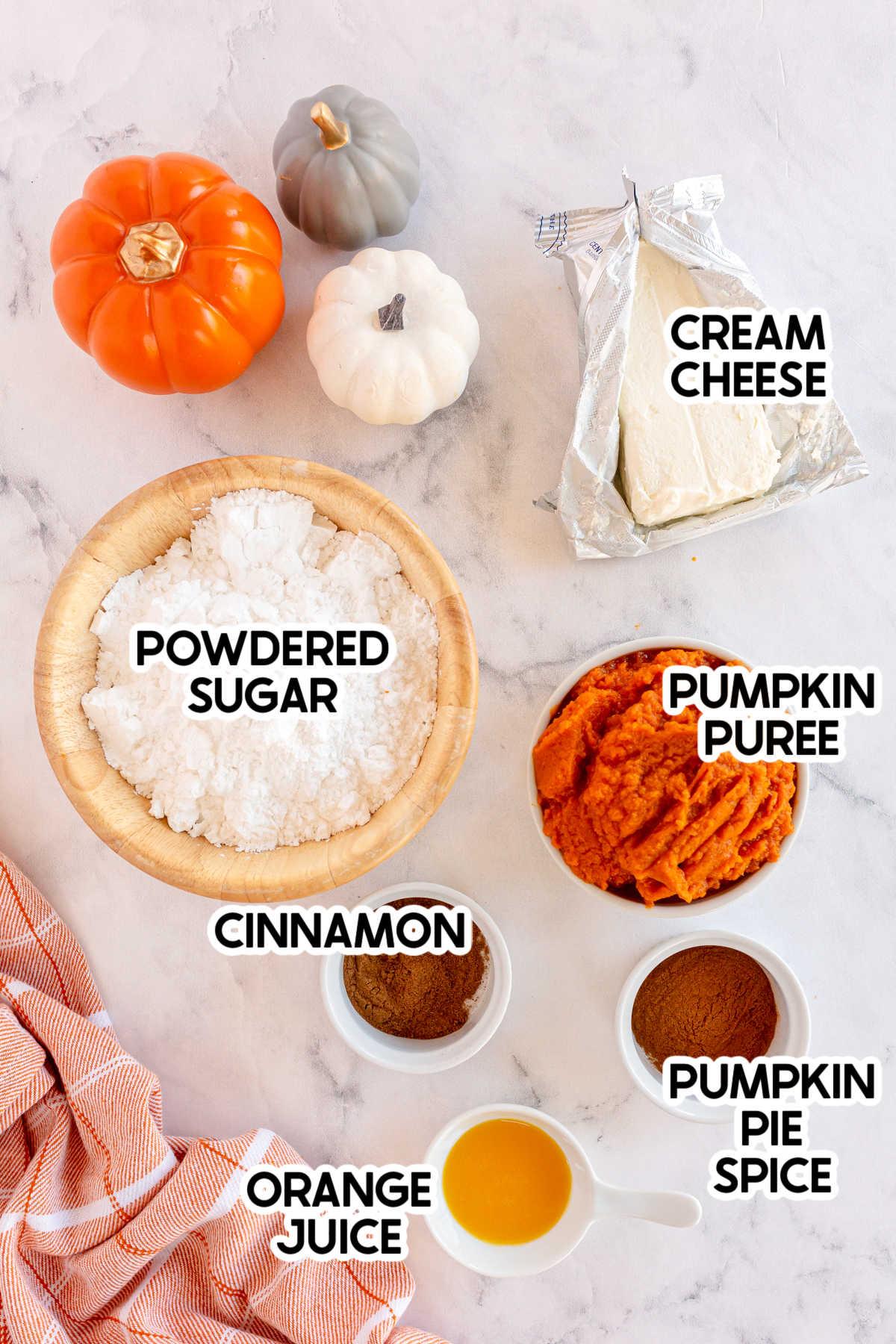 ingredients for cream cheese pumpkin dip with labels