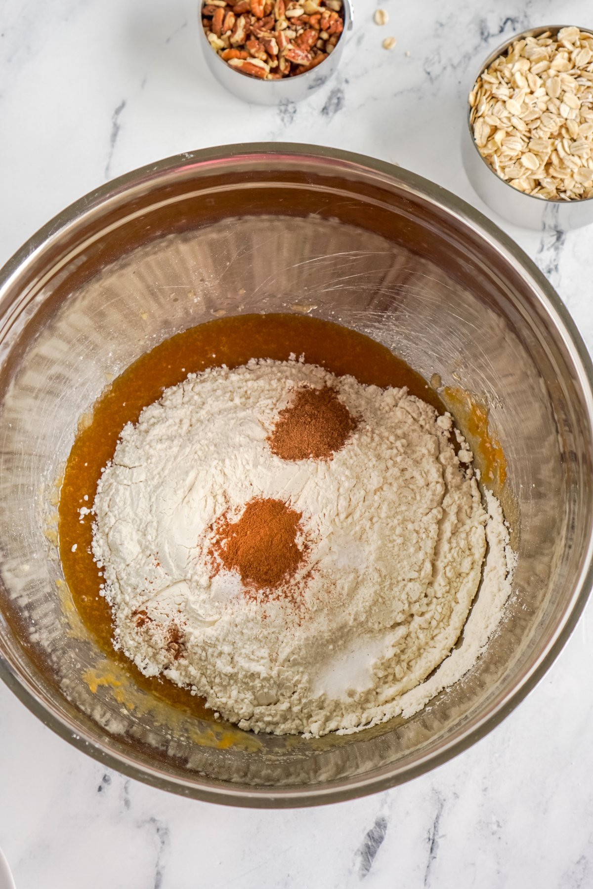 fall spices and flours in a metal bowl