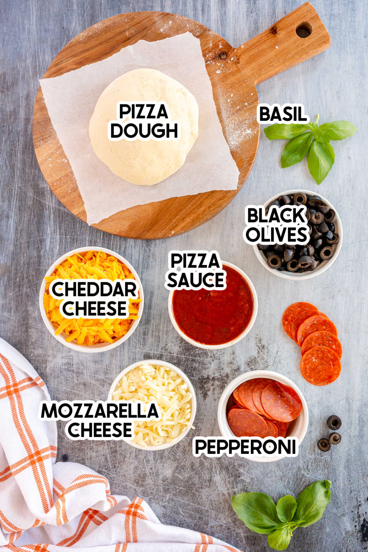 ingredients for pumpkin pizzas with labels