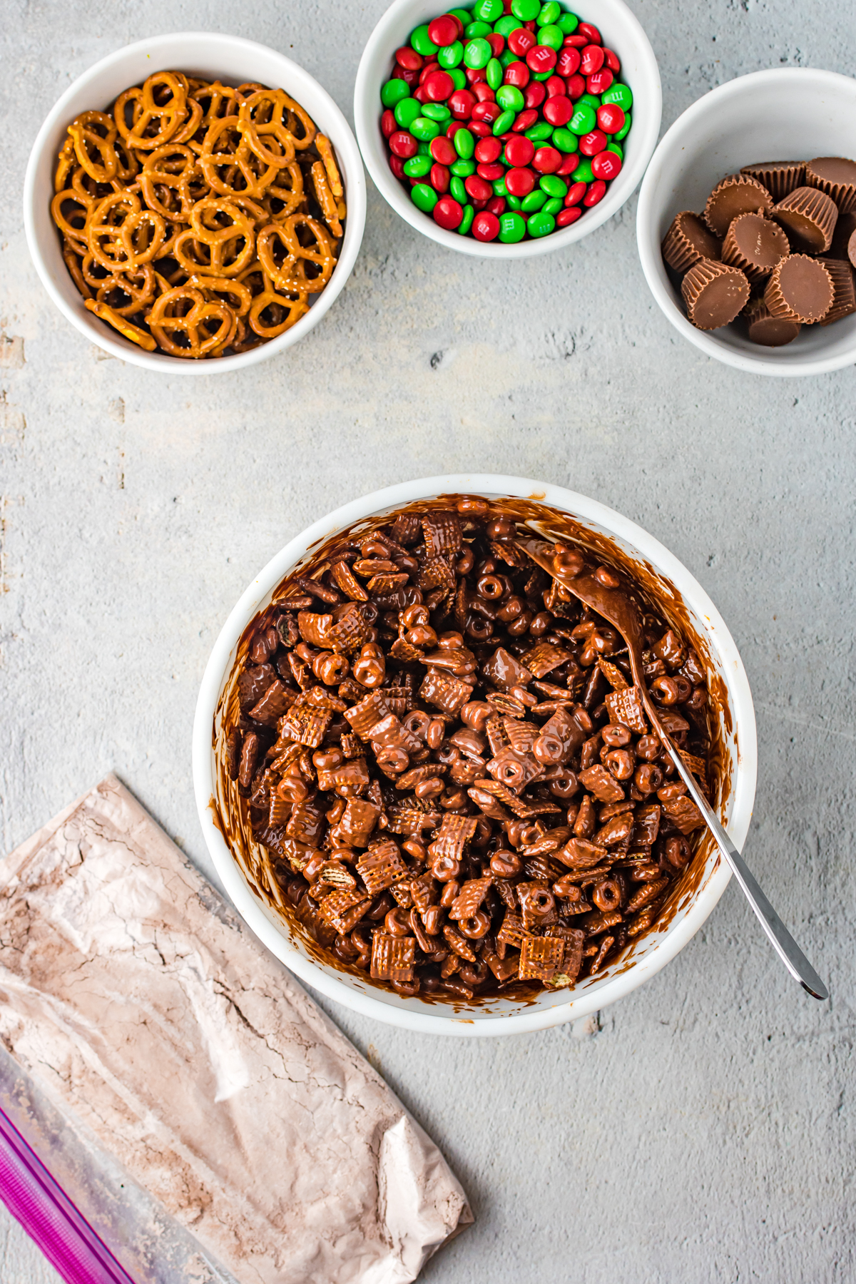 bowl of chocolate cereal in a white bowl