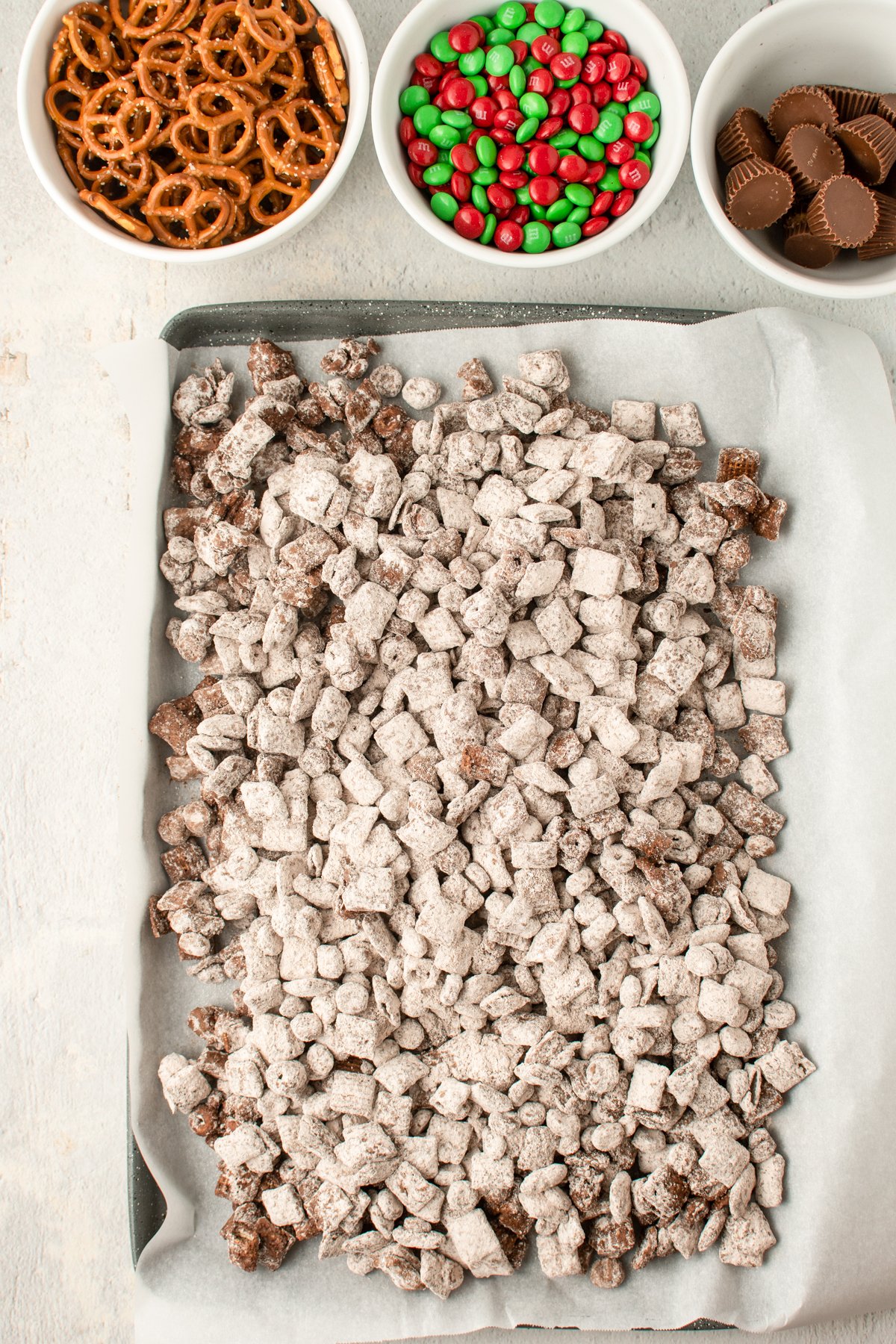 reindeer chow on a baking sheet