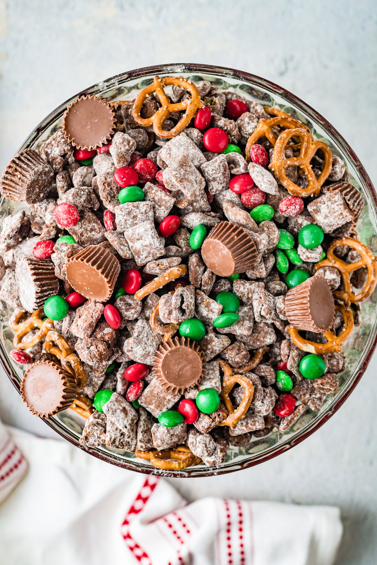 glass bowl of reindeer chow