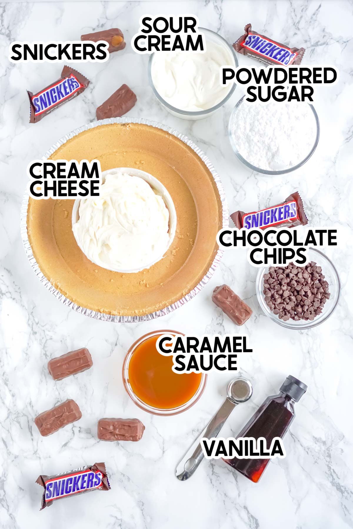 snickers pie ingredients with labels