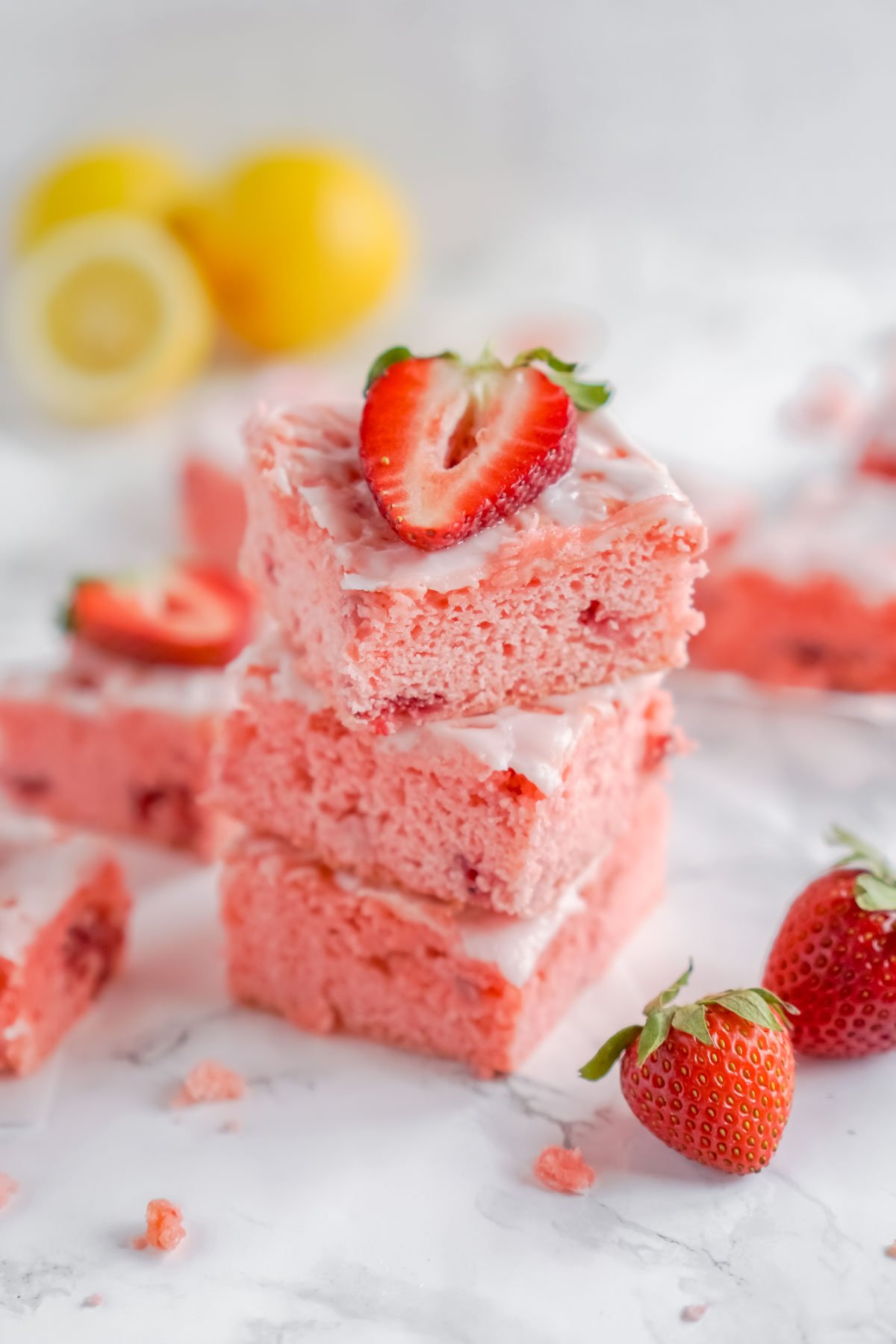 three stacked strawberry brownies