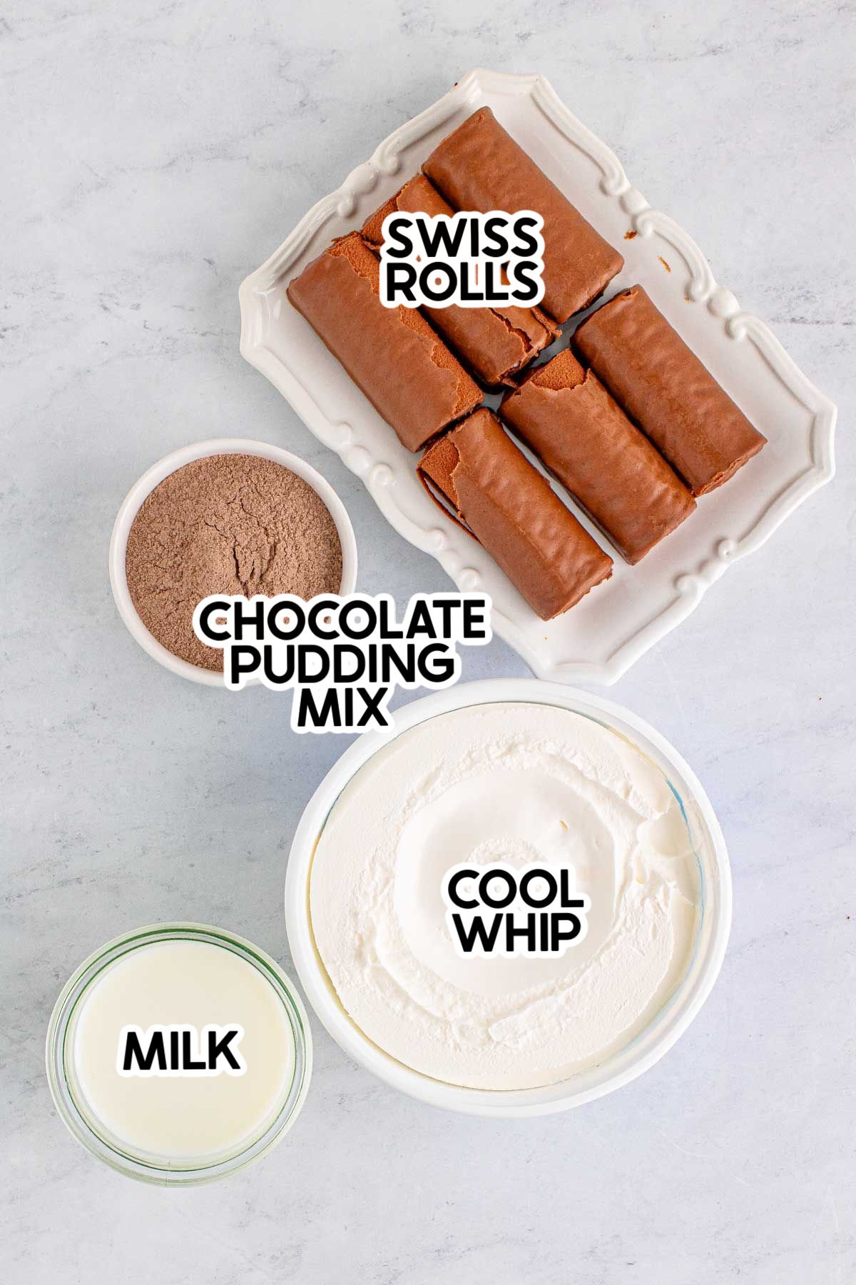 ingredients for swiss roll cake with labels