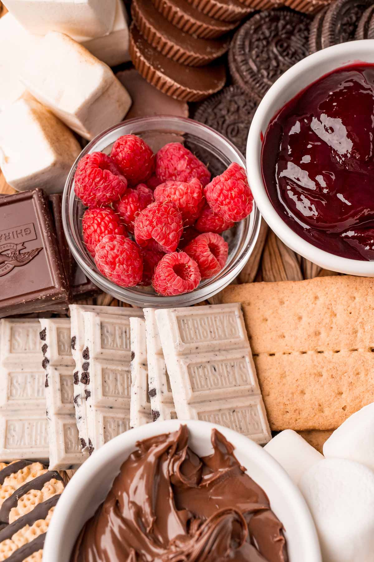 s'more board with raspberries